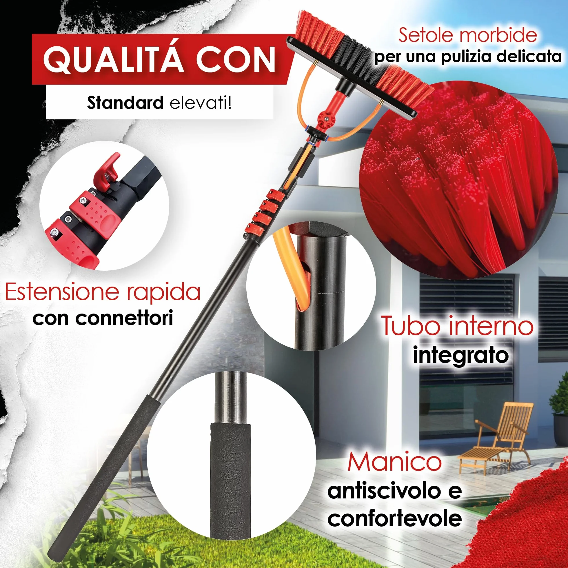 BoomDing Kit Pulizia Pannelli fotovoltaici | 4,6 Metri | Alluminio | Estensibile | per pulizia fotovoltaico | Scopa per lavare Tapparelle | Spazzola telescopica per lavaggio pannelli fotovoltaici