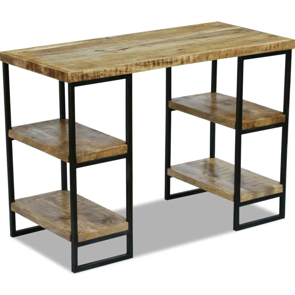 Scrivania industriale in legno di mango massiccio con struttura in acciaio, 110 x 50 x 76 cm, scrivania per computer con due scomparti per lato per libri e blocchi appunti