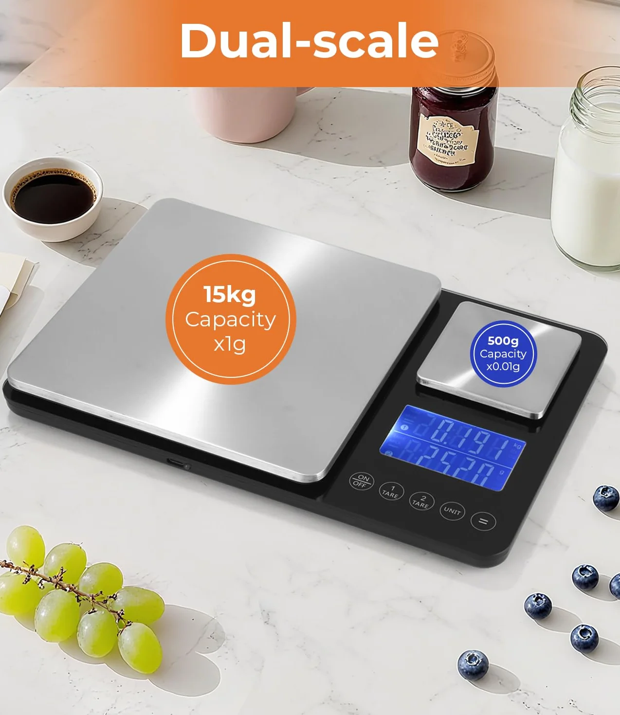Bilancia da Cucina Digitale con Doppia Piattaforma (10kg/1g & 500g/0.01g), USB Ricaricabile & a Batterie, Acciaio Inox, Display LCD, 7 Unità, ideale per Cucina & Pasticceria