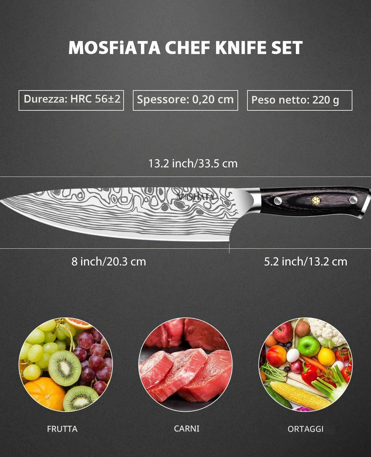 MOSFiATA Coltelli da Cucina Professionale Chef con Fodero, Protezione del Dito e Affilatore, in Acciaio Inossidabile con Manico Micarta - 20CM
