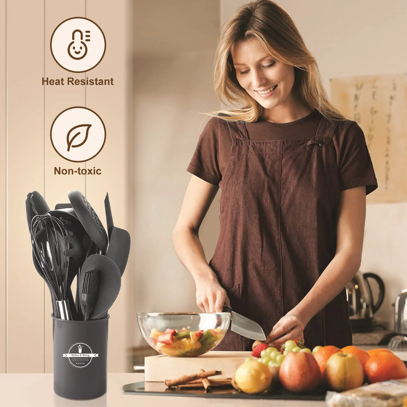 49pcs Set di Utensili da Cucina in Silicone con 20 Ami, 9 Misurini, 1 Secchio di Stoccaggio, Resistente al Calore Antiaderenti, con Ganci- Grigio Scuro