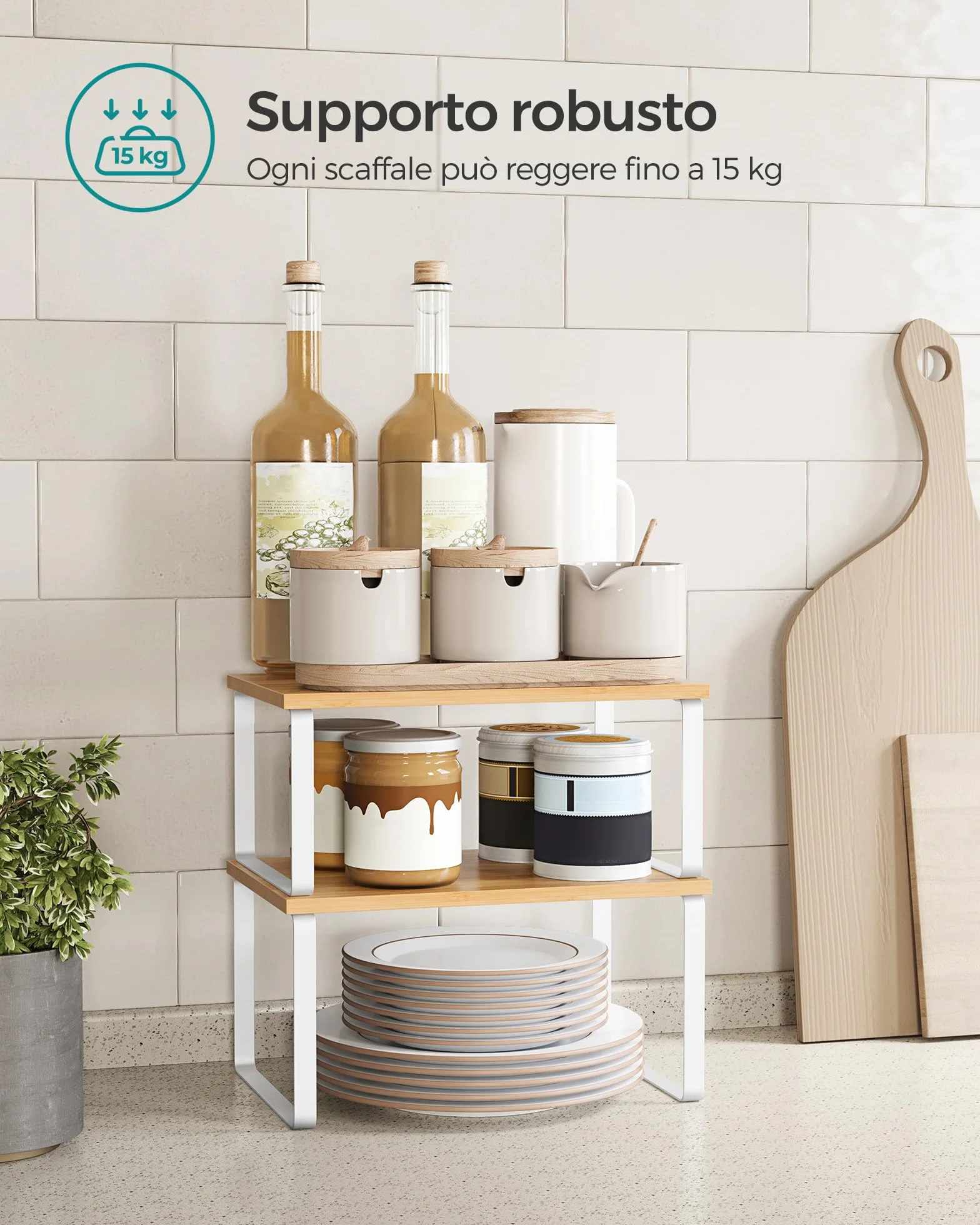 SONGMICS Scaffale Portaspezie, Set di 2 Organizzatori da Cucina Espandibili, Impilabile, Metallo e Legno, Bianco e Beige KCS02NW