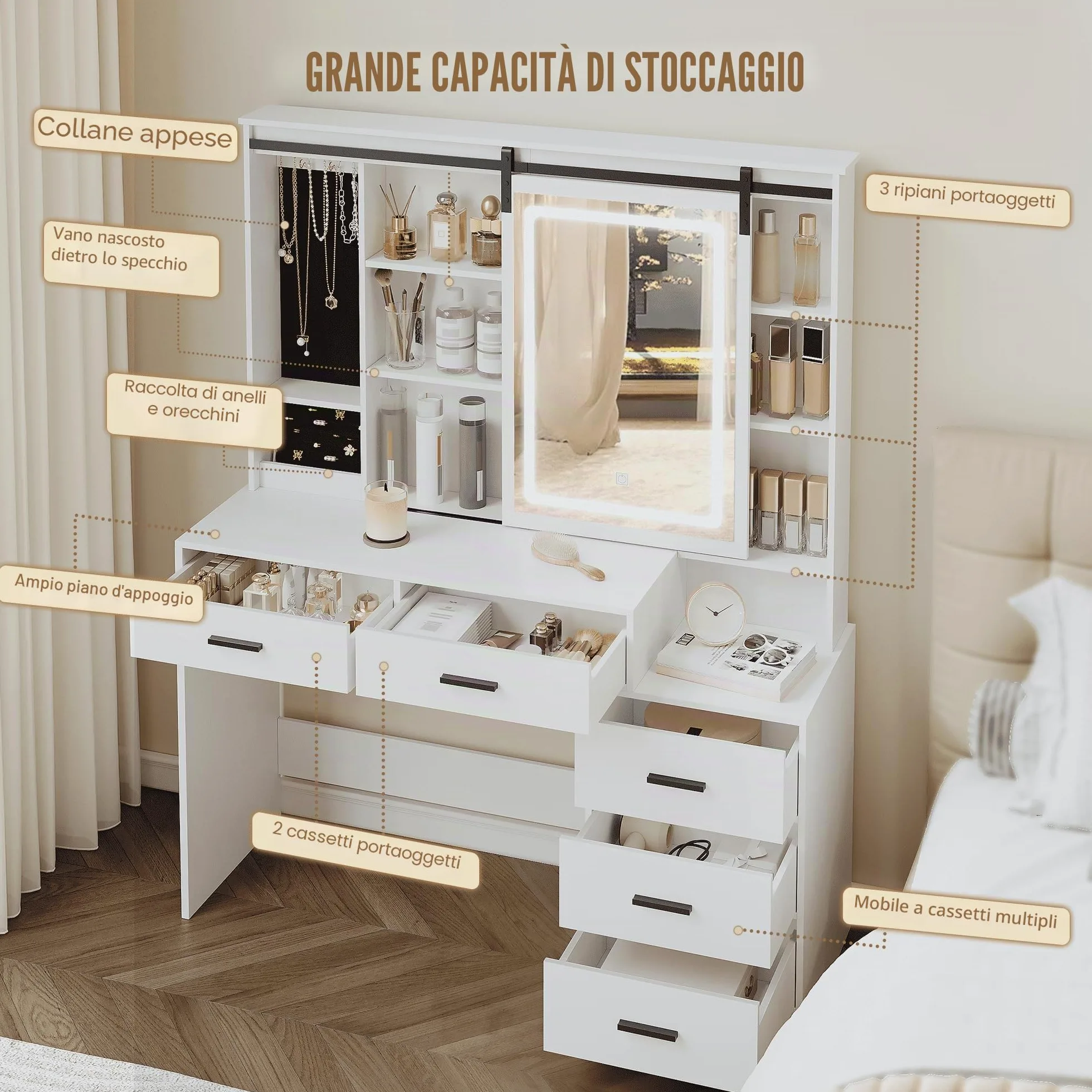 Hzuaneri Toeletta da Trucco con Luci LED Regolabili, Grande Specchio Rimovibile, con Portagioie, Ripiani Aperti, 5 Cassetti, con Tavolino, per Camera da Letto, Bianco DT33103X