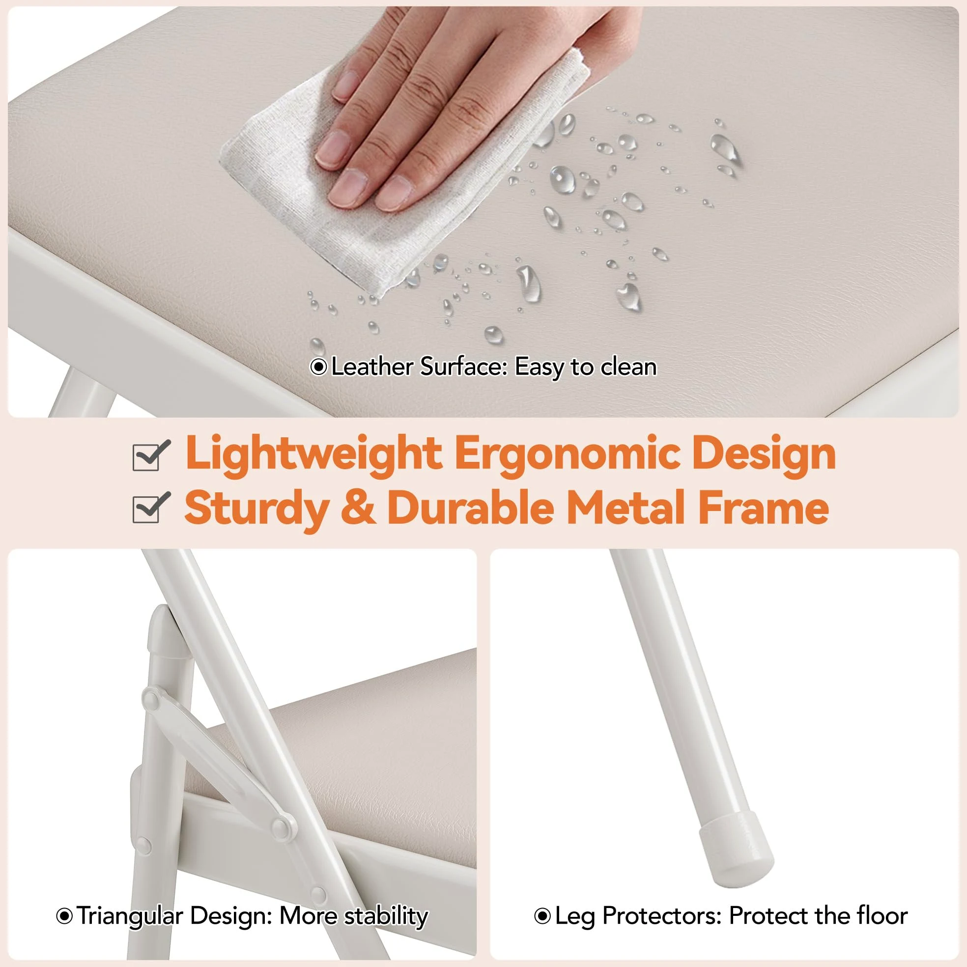 Sedie pieghevoli imbottite per sala da pranzo - struttura in metallo robusto - seduta in similpelle PU facile da pulire - schienale ergonomico - ideali per cucina, ufficio, eventi - Beige, 4