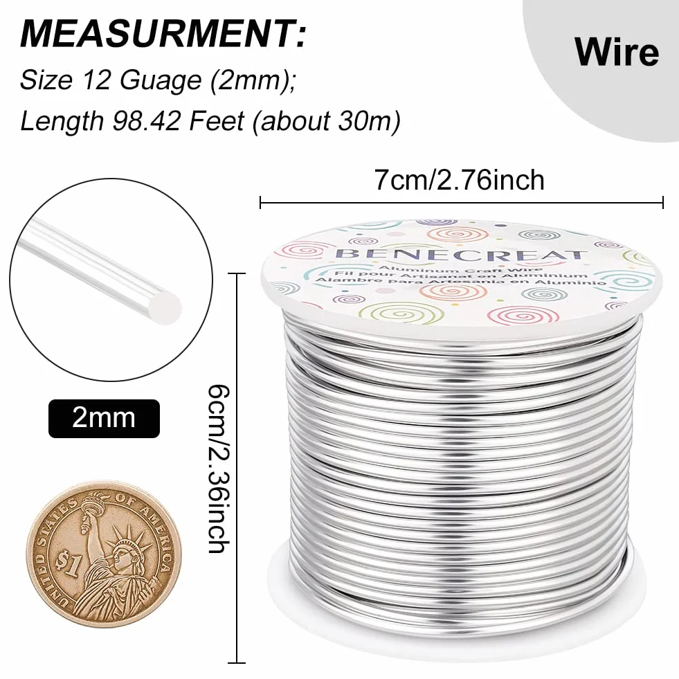 BENECREAT 30m Filo di Alluminio Anodizzato per Gioielli 2mm Argento