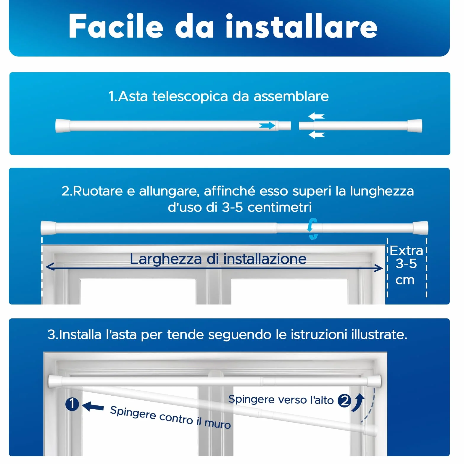Bastoni per Tende a Pressione 2 Pezzi Estensibile Regolabile 70-100 cm 16mm Bianco
