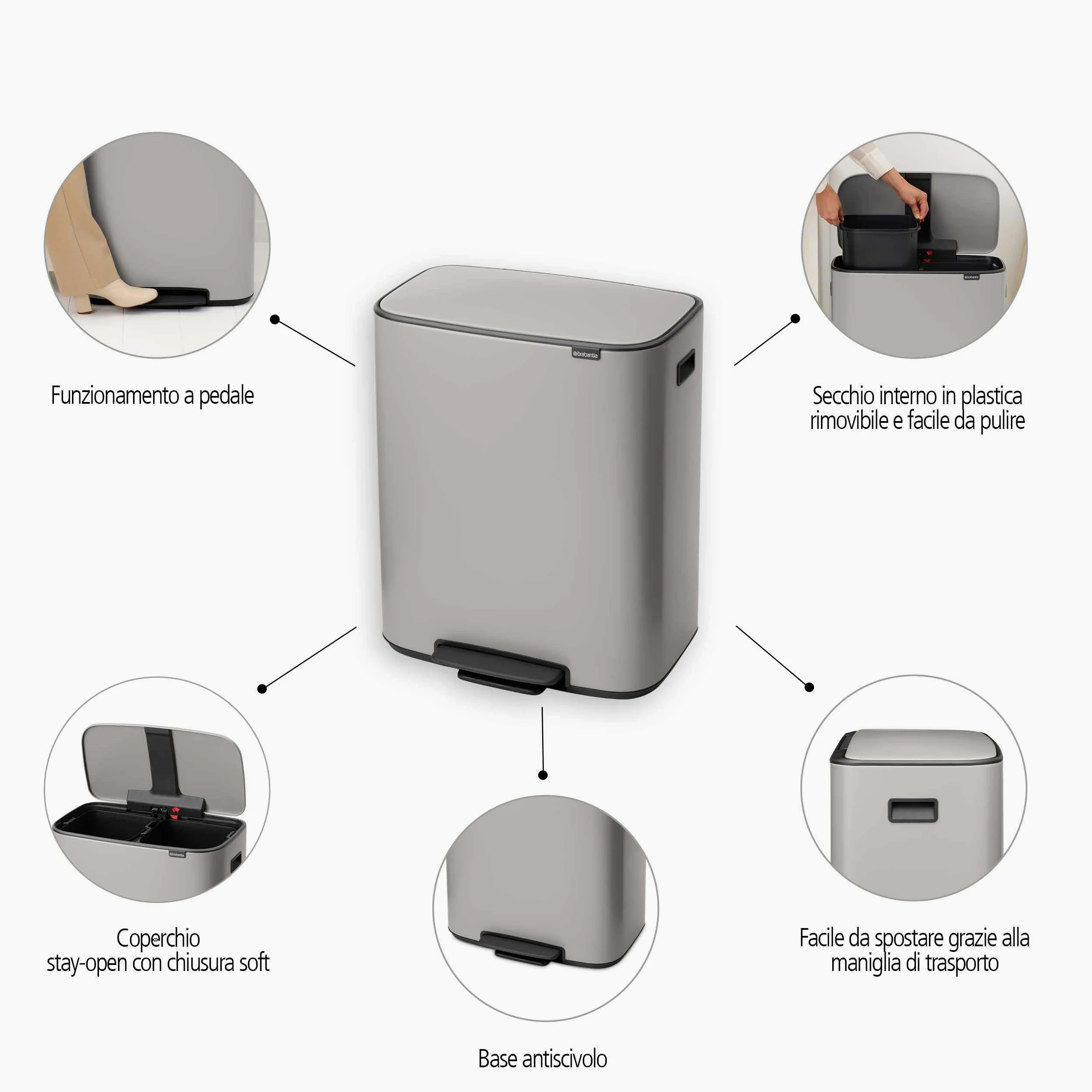 Brabantia Pattumiera Bo a Pedale 2x30 L – Cestino con due secchi spazzatura interni da 30L (Soft Grey) Secchio spazzatura grande da cucina – Coperchio Soft Closing