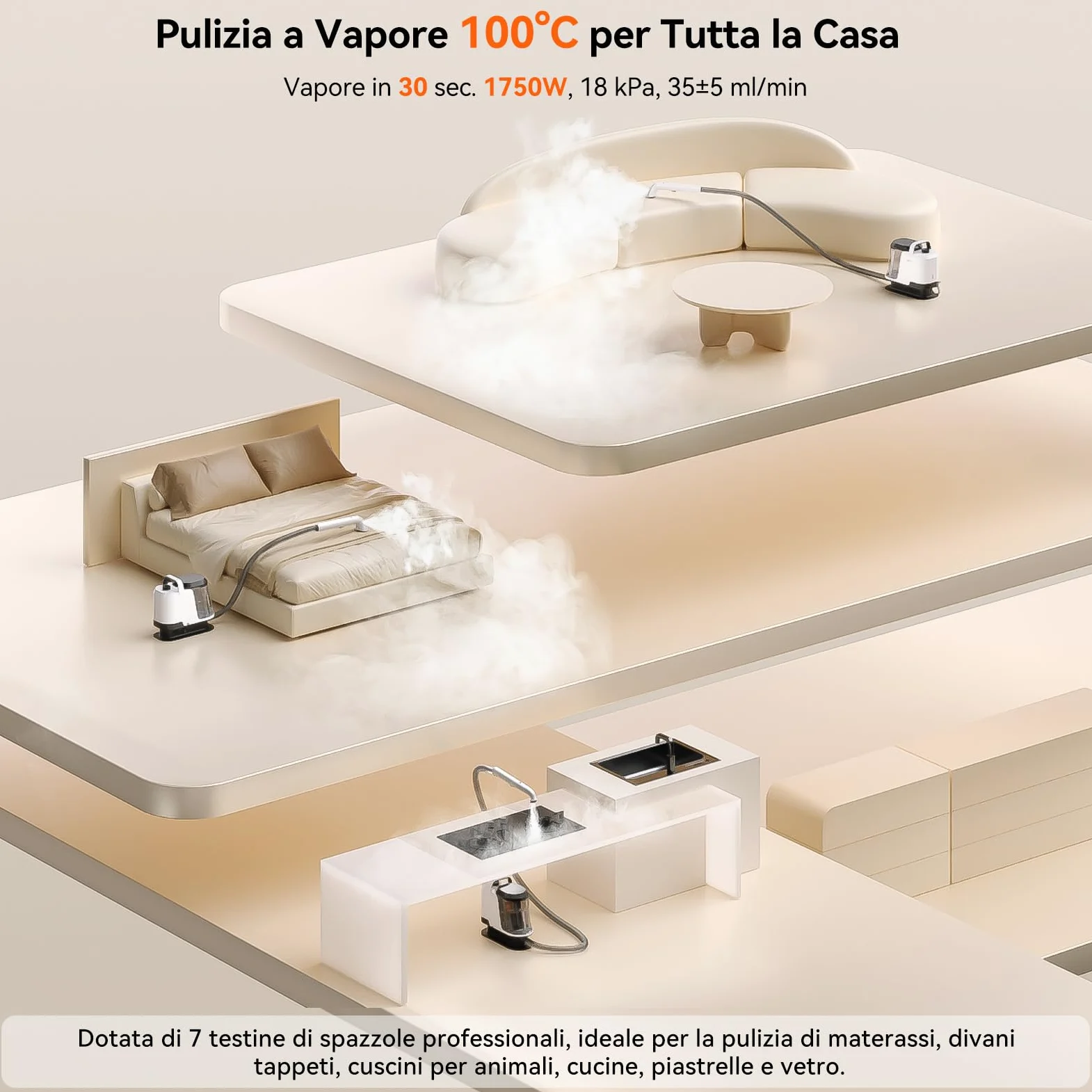 Uwant Lavatappeti Lava e Asciuga a Vapore Y100S 1750W 18KPa, 3in1 Fredda/65℃ Calda/100℃ Vapore, Spazzole multiple Lava Divani/Tappeti/Auto/Cucina, 2.4L Serbatoio Auto-pulizia Portatile Lavatessuti