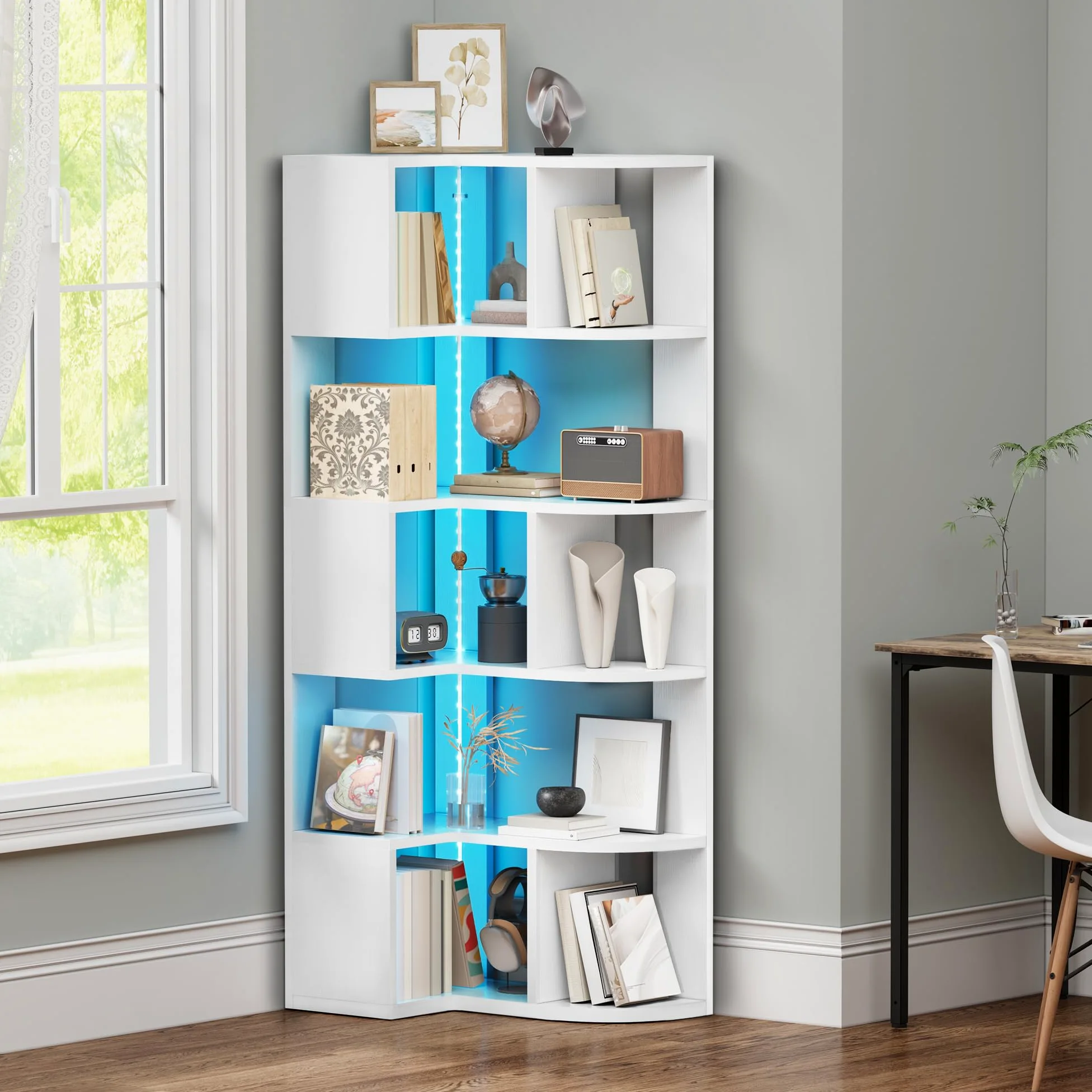 YITAHOME Libreria angolare a 6 ripiani con LED, a forma di L, scaffale angolare, scaffale da pavimento, per ufficio, studio, soggiorno, camera da letto, 64 x 41,5 x 159,5 cm, bianco
