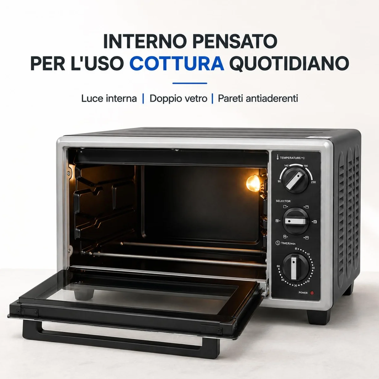 Blunord Bluf23prof Forno Elettrico Professionale 23L 1380W Ventilato Grill Timer Termostato Regolabile Easy Clean Nero Lucido