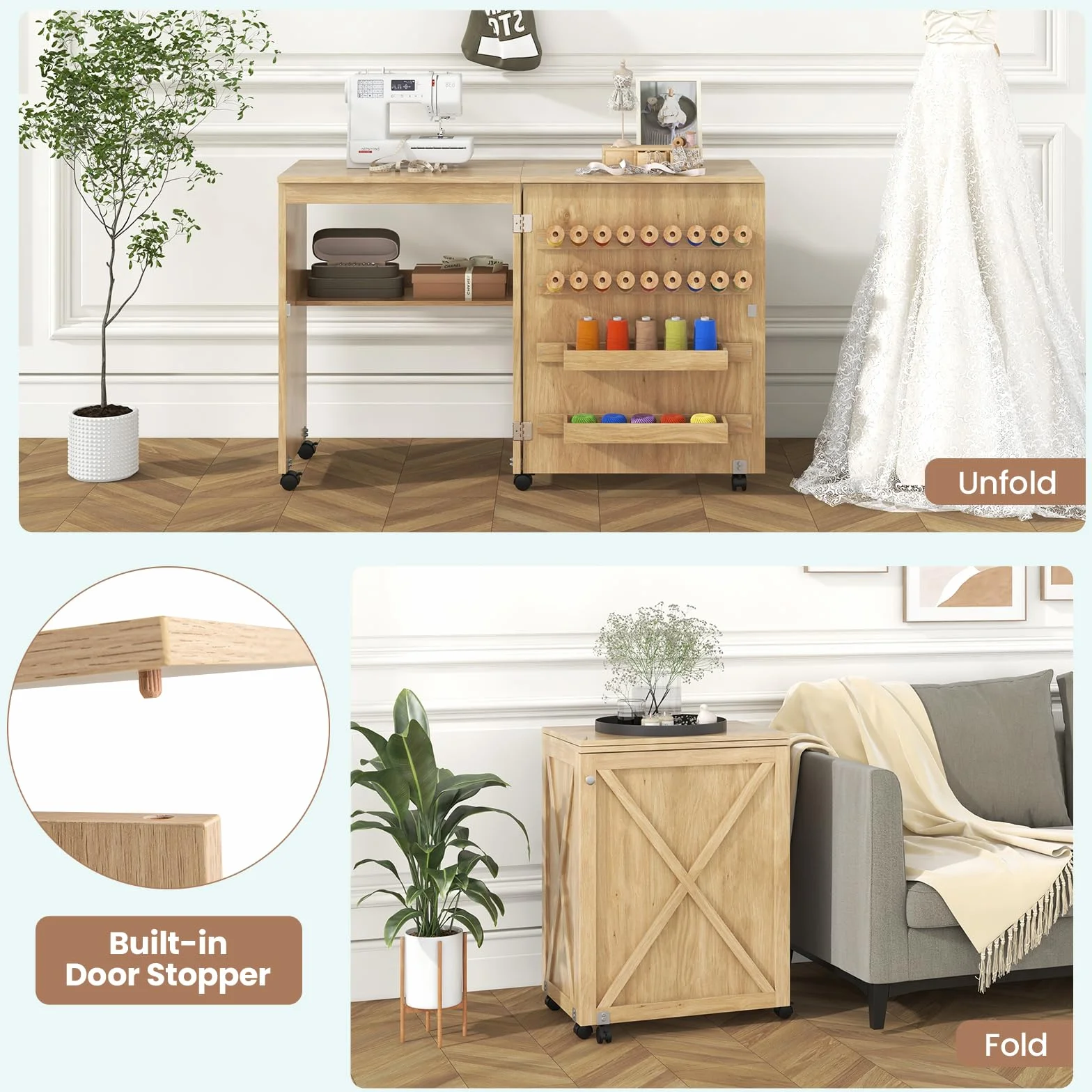 LIFEZEAL Mobile per Macchina da Cucire, Tavolo Macchina da Cucire, Armadietto Cucito, Salvaspazio, Moderno, 5 Ruote, 2 Mensole, 18 Ganci per Filo, 1 Ripiano, Pieghevole, 116x40x76cm, Legno, Naturale