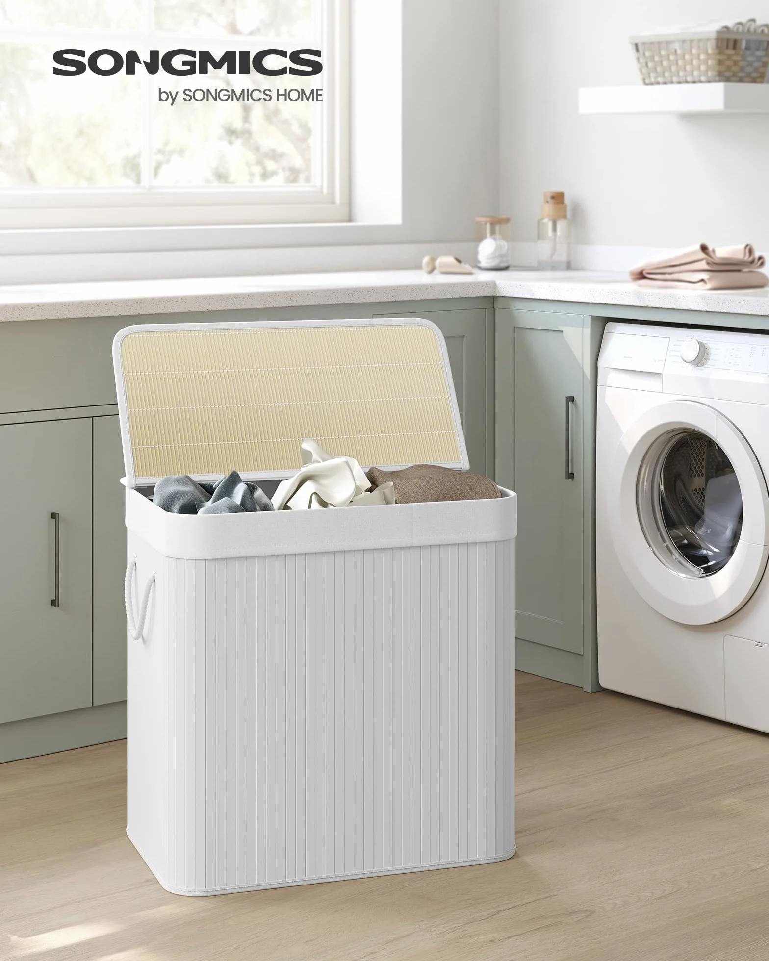 SONGMICS Cesto Portabiancheria, 150 L, Cesta Biancheria a 3 Scomparti in Bambù Coperchio, Maniglie, Pieghevole, Sacco Rimovibile e Lavabile in Lavatrice, Lavanderia, Casa, Bagno, Bianco LCB091W01