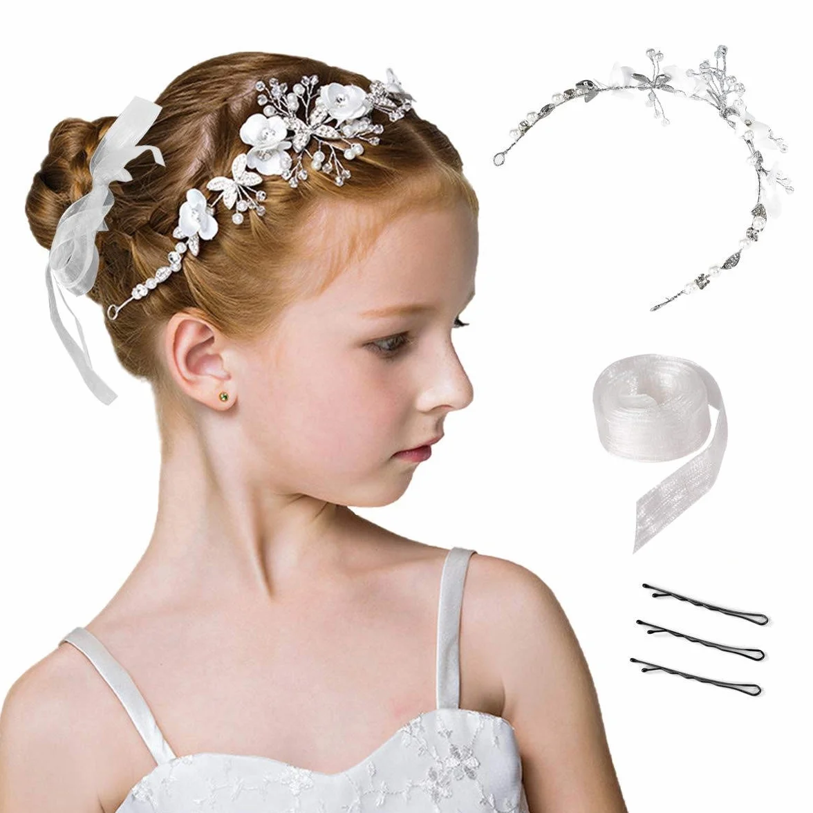 VIKSAUN Coroncina da principessa in cristallo Fascia per capelli da fiore bianco Accessori per capelli con perle di strass