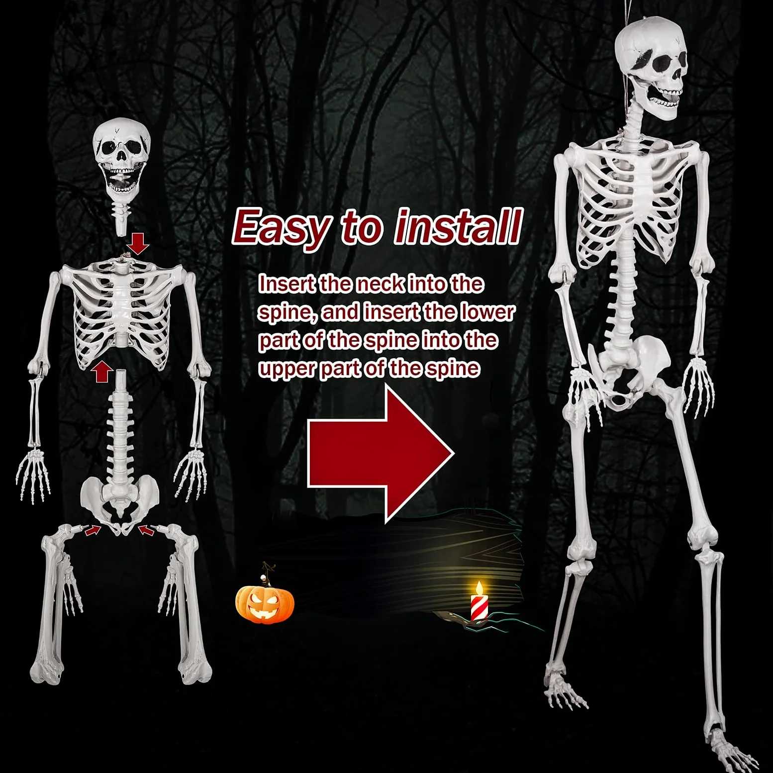 Scheletro a grandezza naturale per Halloween, 180 cm con articolazioni mobili, per decorazioni spaventose per feste di Halloween (2Pcs)