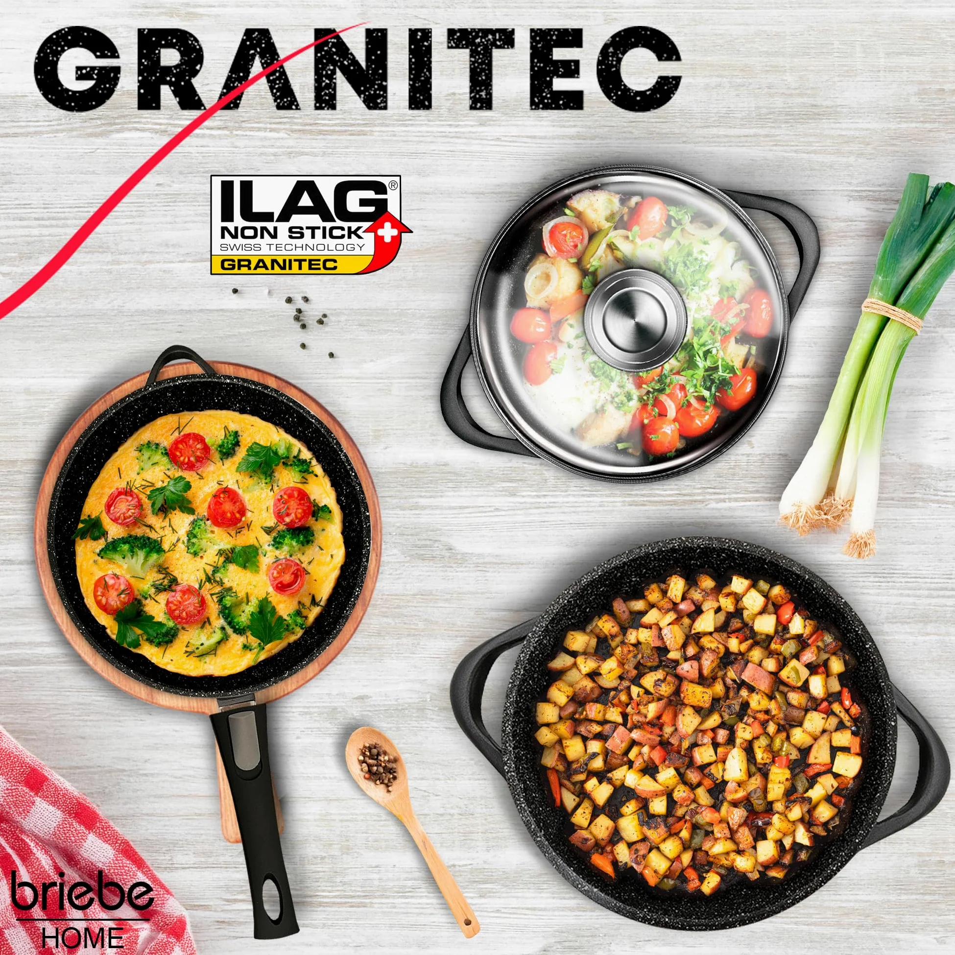 briebe Batteria da Cucina Induzione 12 Pezzi, set di 4 Pentole in Alluminio Fuso + 2 Padelle, Antiaderente ILAG GRANITEC senza PFOA, Coperchi in Vetro, Guanti in Silicone, Vetroceramica, Gas, Forno