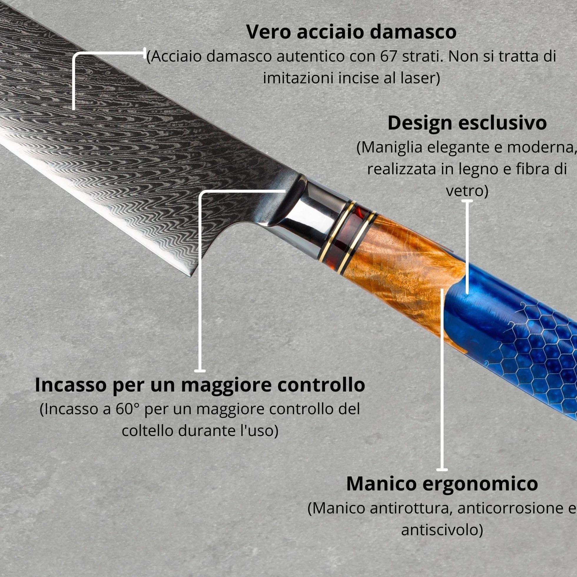 Set coltelli da cucina professionali giapponesi in acciaio damasco con pietra affilacoltelli professionale. Coltello damasco giapponese con pietra per affilare per chefs e amanti della cucina (5 set)