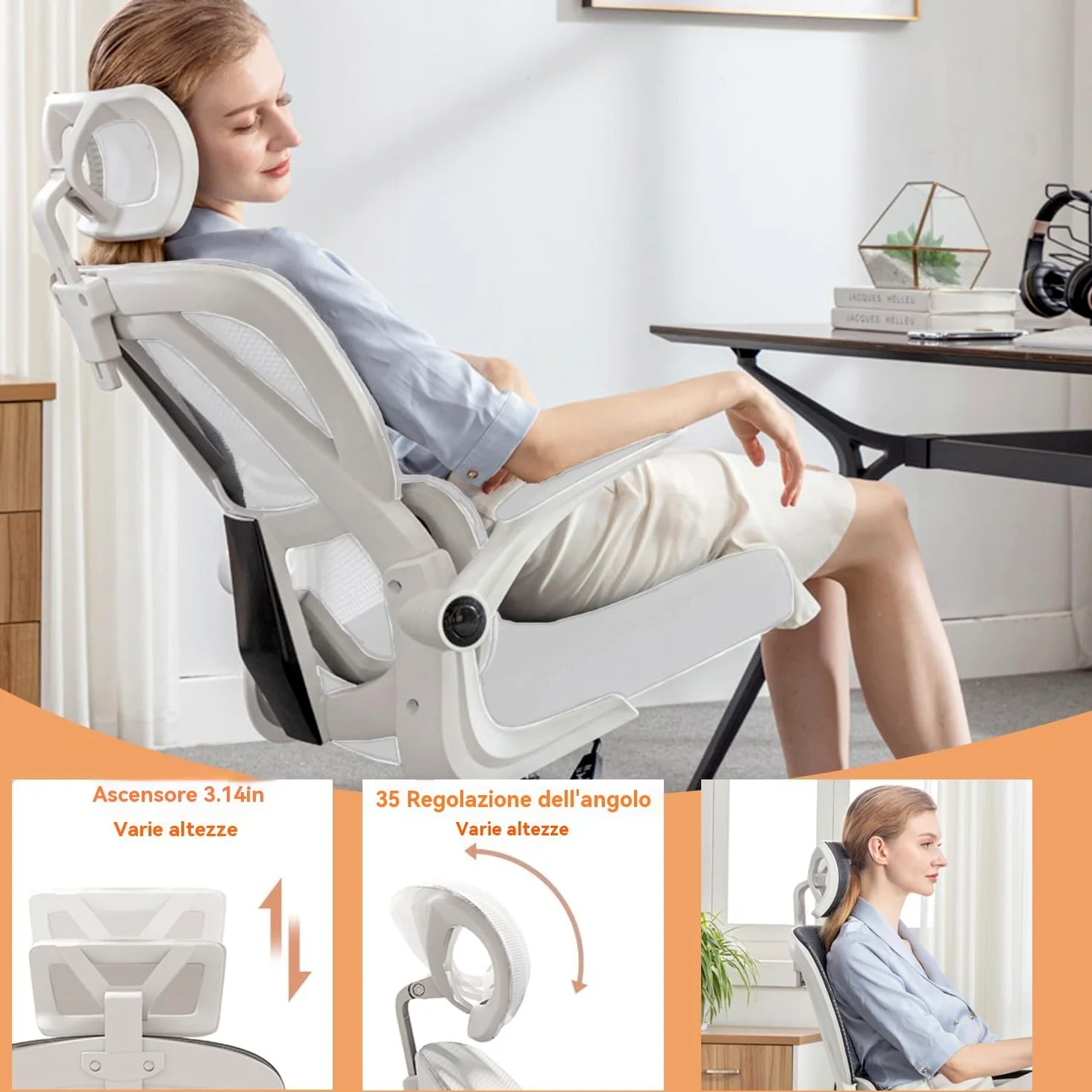 Sedia da Ufficio Ergonomica - Bianco | Sedia da Scrivania Regolabile con Schienale Alto in Rete,Supporto Lombare,Braccioli Ribaltabili | Per Ufficio Domestico,Gaming,Studio