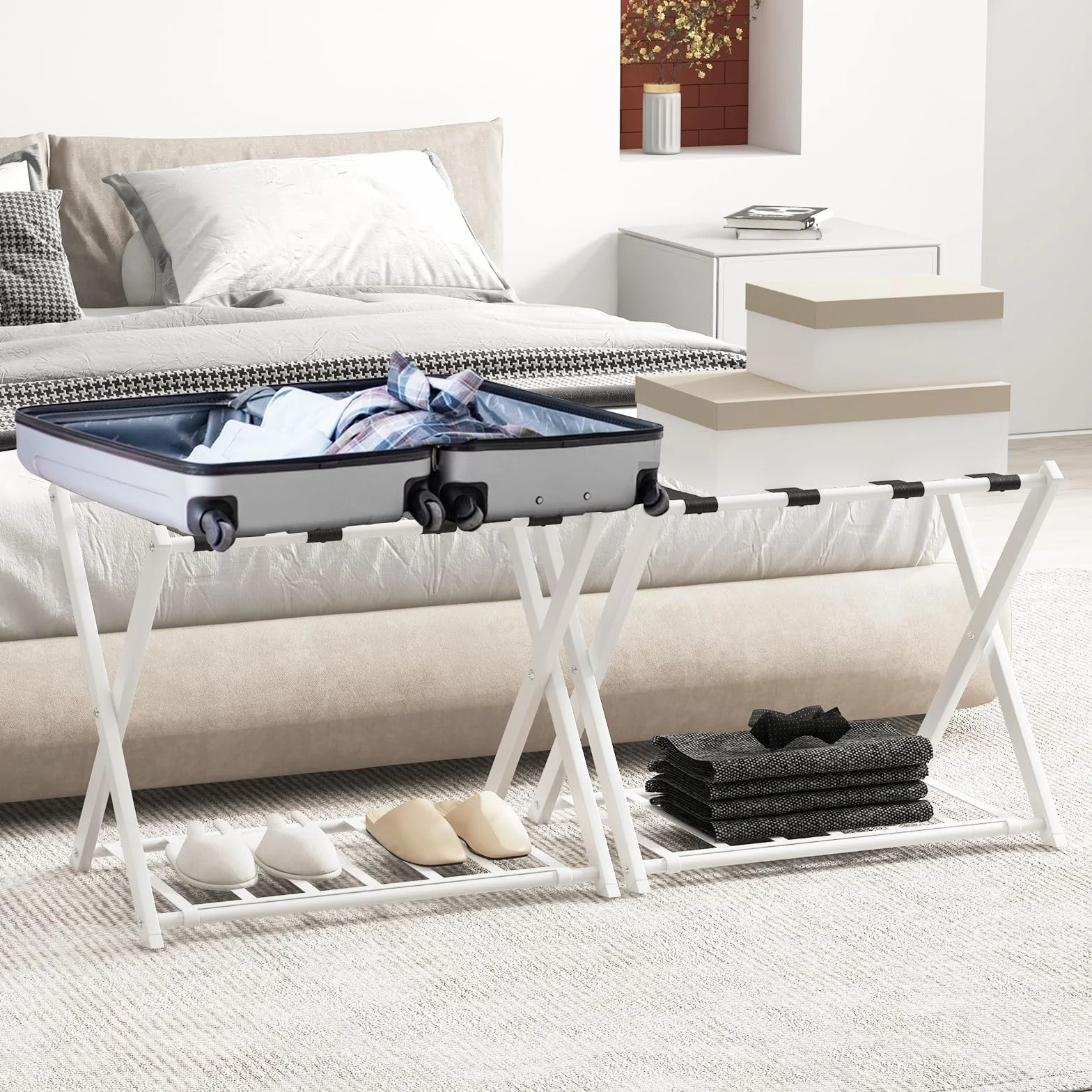 COSTWAY Portavaligie Pieghevole a 2 Ripiani in Metallo 68x43x56 cm Bianco