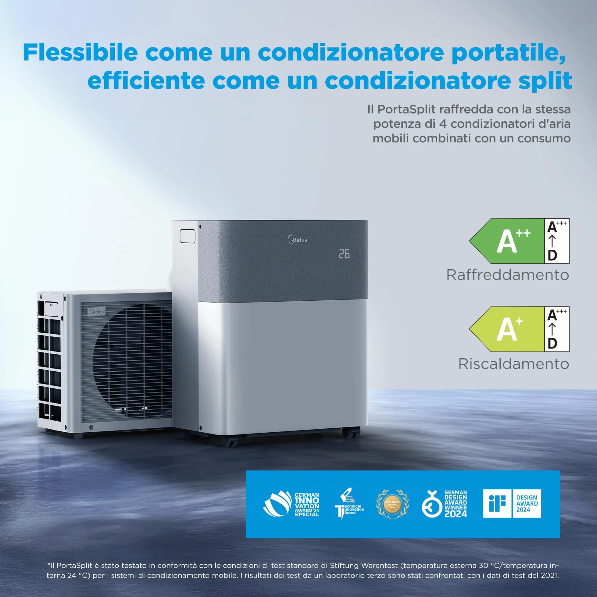Midea Portasplit 4-in-1 Condizionatore con Pompa di Calore 12000 BTU (3,5 kW), Raffreddamento/Riscaldamento, 39 dB Silenzioso, Senza Installazione, WiFi Smart, Classe A++/A+, stanze fino a 42 m²
