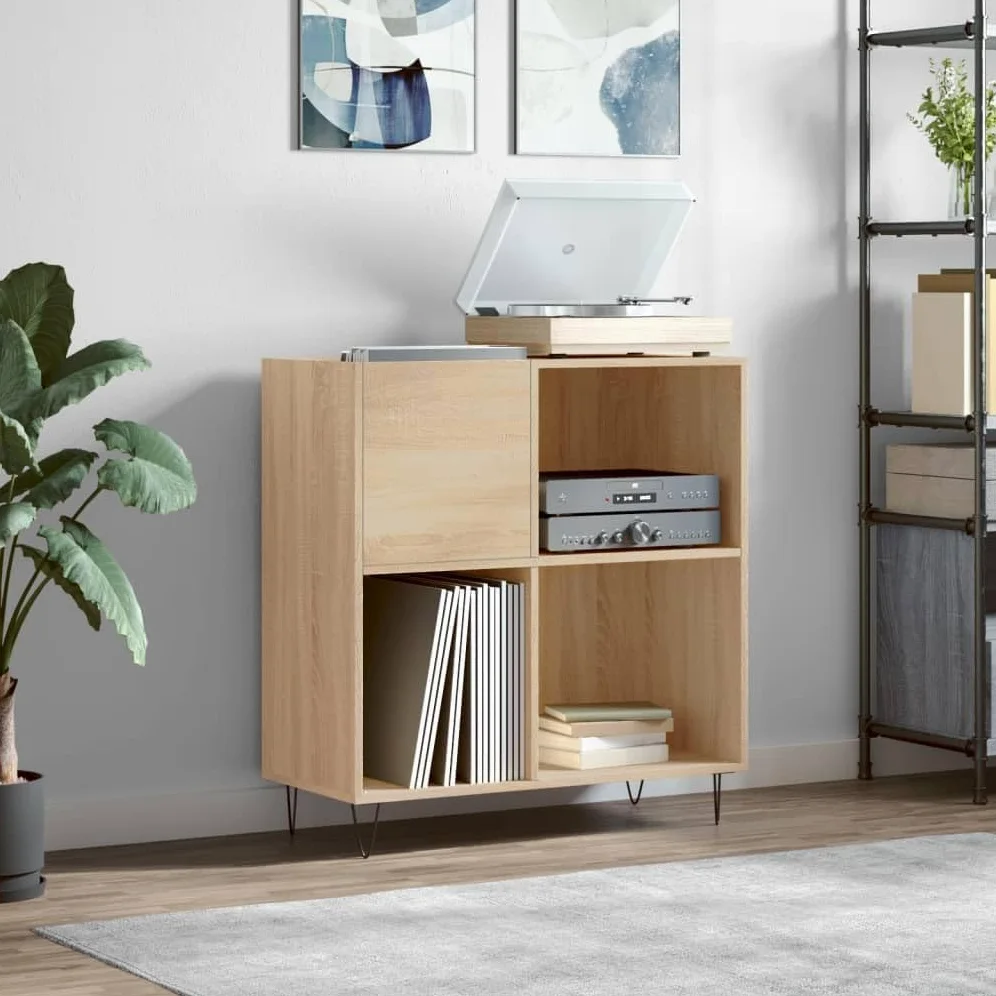 ARKEM Mobile Porta Dischi Rovere Sonoma 84,5x38x89, Supporto per Giradischi in Legno Multistrato con Spazio di Archiviazione