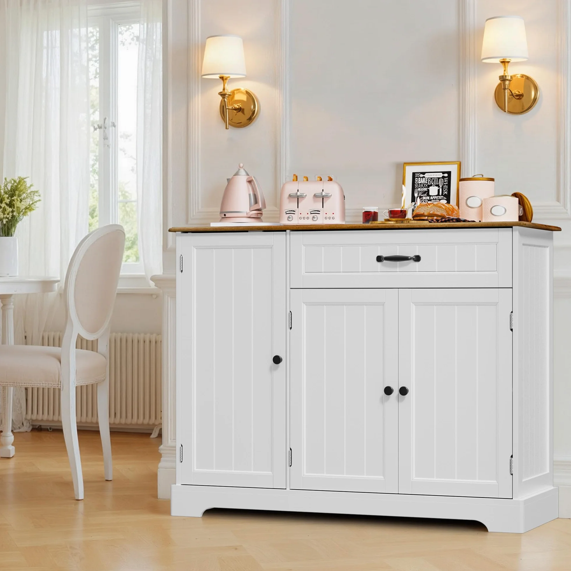 Xbro Credenza con 1 Cassetto e 3 Ante, Mobile Buffet con Spazio di Archiviazione a 3 Livelli, Chiusura Ribaltabile e Angoli Arrotondati, per Cucina, Soggiorno o Camera da Letto, Vintage