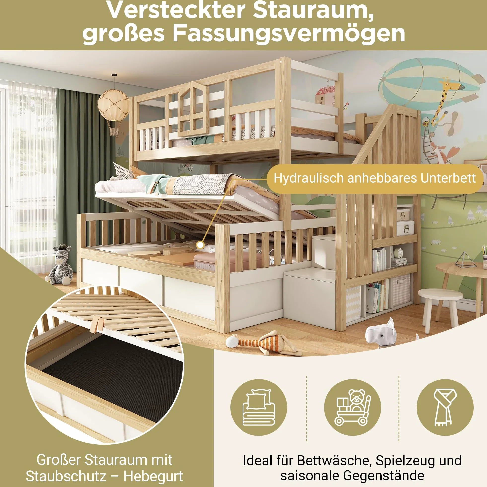 Letto a castello con cassettoni 90x200 cm & 140x200 cm, letto per bambini in stile baita con spazio di archiviazione, scala, protezione rialzata, in pino (J, 90x200cm&140x200cm)