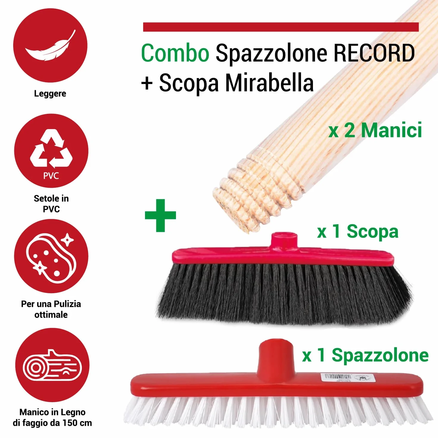 Crisalide SET PULIZIA CASA PIPPO Scopa Classica Setole EXTRA-MORBIDE Manico Legno 130cm Spazzolone Setole RIGIDE
