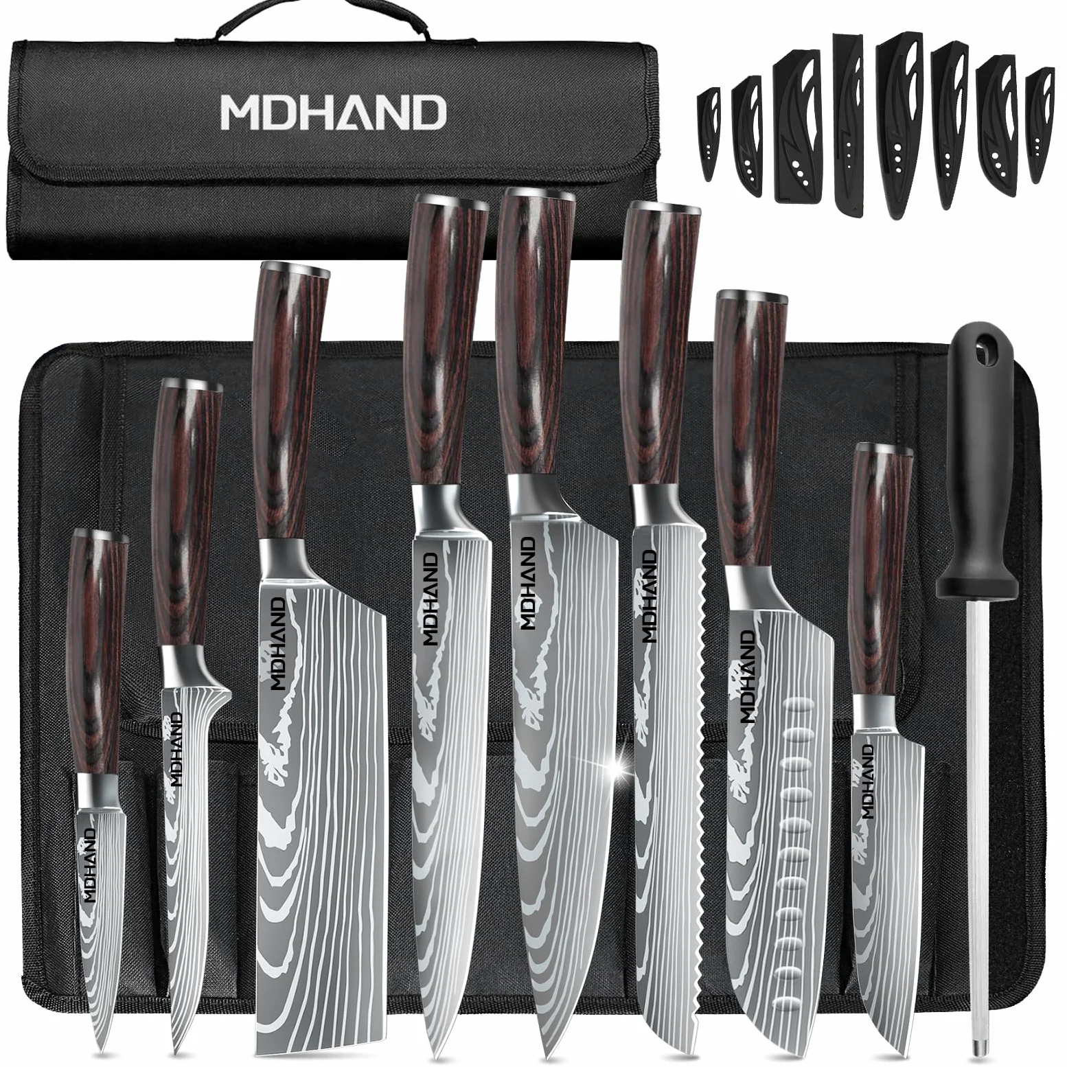 MDHAND Set di 8 coltelli professionali con custodia, affilati e ergonomici in legno di Pakka per casa e ristorante