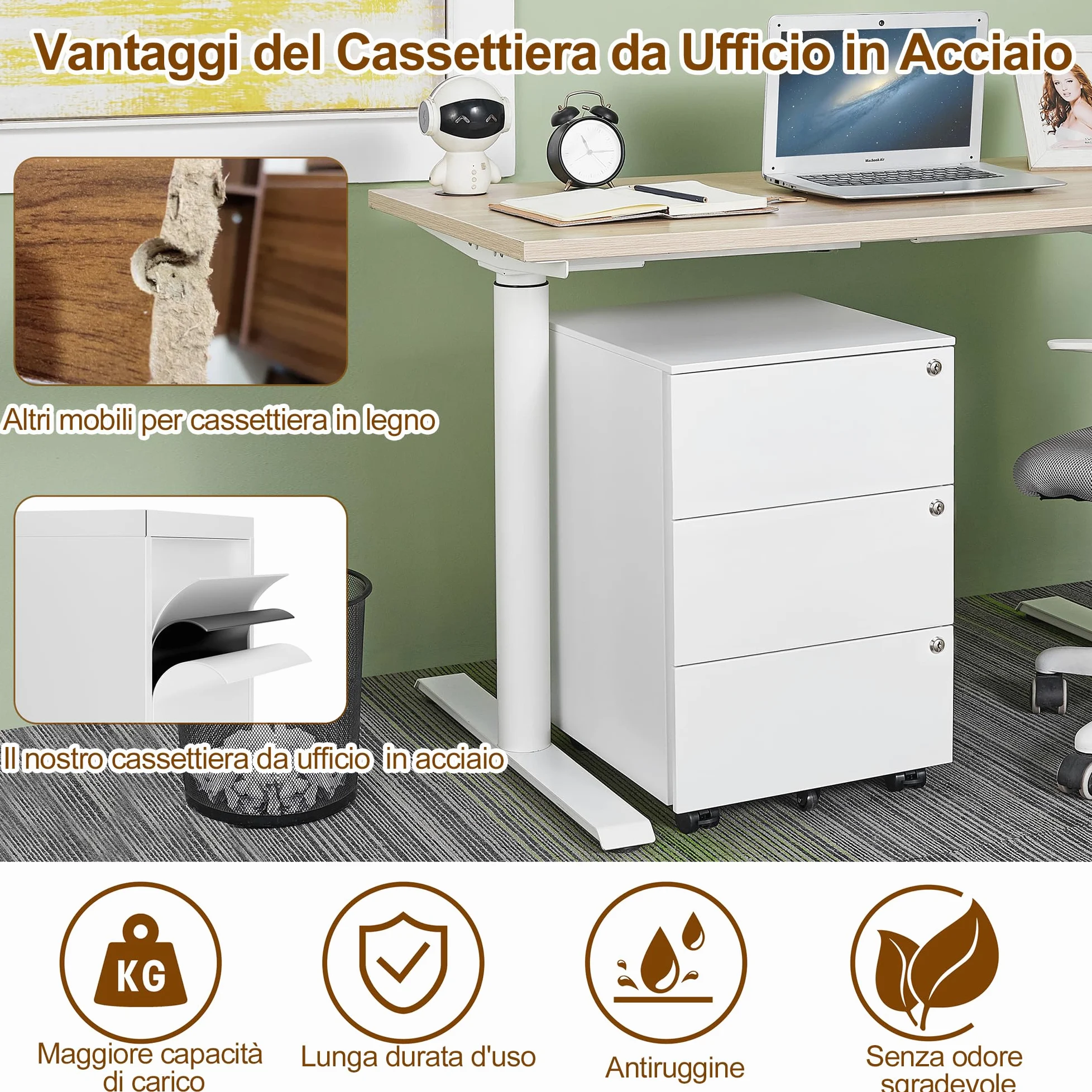 Cassettiera Scrivania Mobile, Cassettiera con 3 serrature, 4 Chiavi, 3 Cassetti, in Acciaio, Preassemblato, Bianco