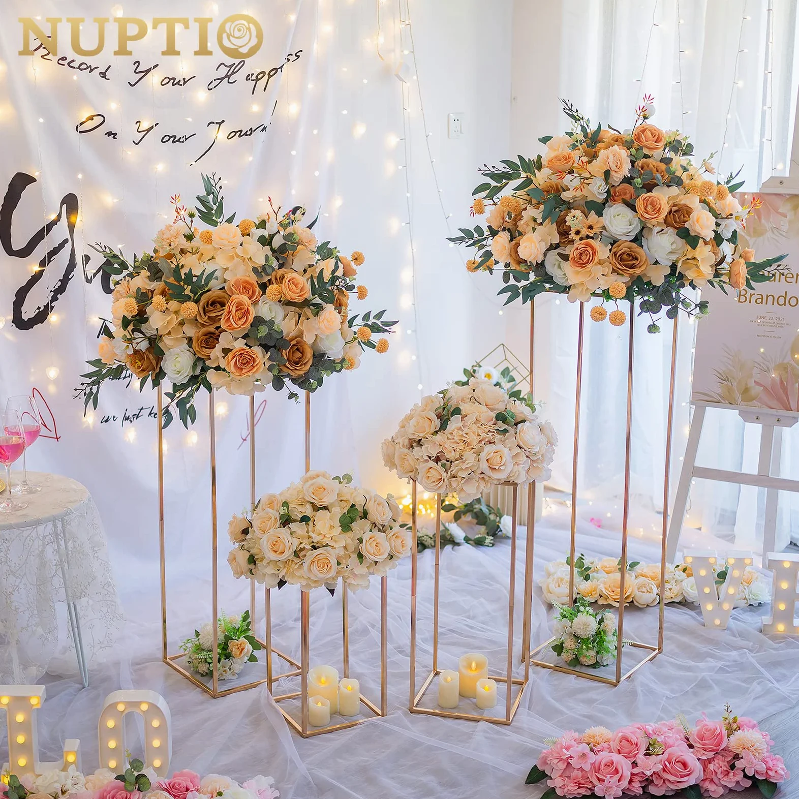 NUPTIO Vaso Oro per Centrotavola Matrimonio: 2 Pezzi Vasi Fiori Alti 100cm Colonna con Pannello Acrilico Rettangolare Metallo Porta Fiori per Decorazioni Feste Compleanno - Espositori Geometrici