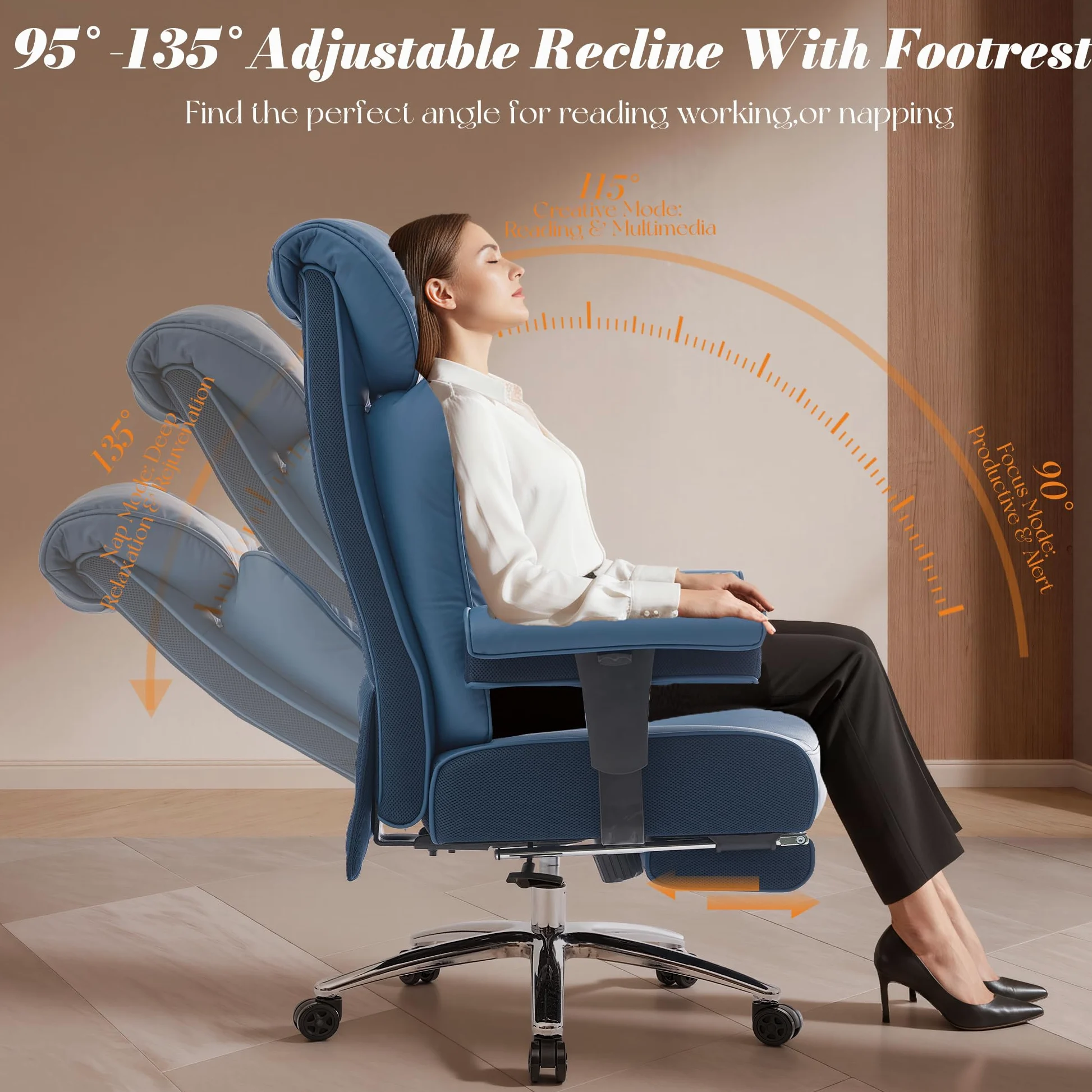 Efomao Sedia da Ufficio Ergonomica, Poltrona Direzionale in Ecopelle PU con Poggiapiedi Estraibile, Sedia da Scrivania Reclinabile con Imbottitura Spessa, Supporto Lombare, Portata 200kg (blu)