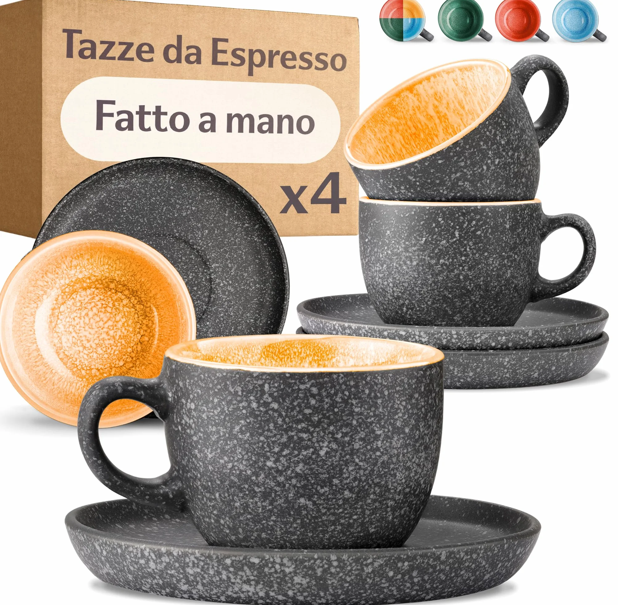 Set di 4 Tazzine da Espresso con Piattini 90ml in Ceramica Gres Spesso Smalto Reattivo Artigianale Giallo