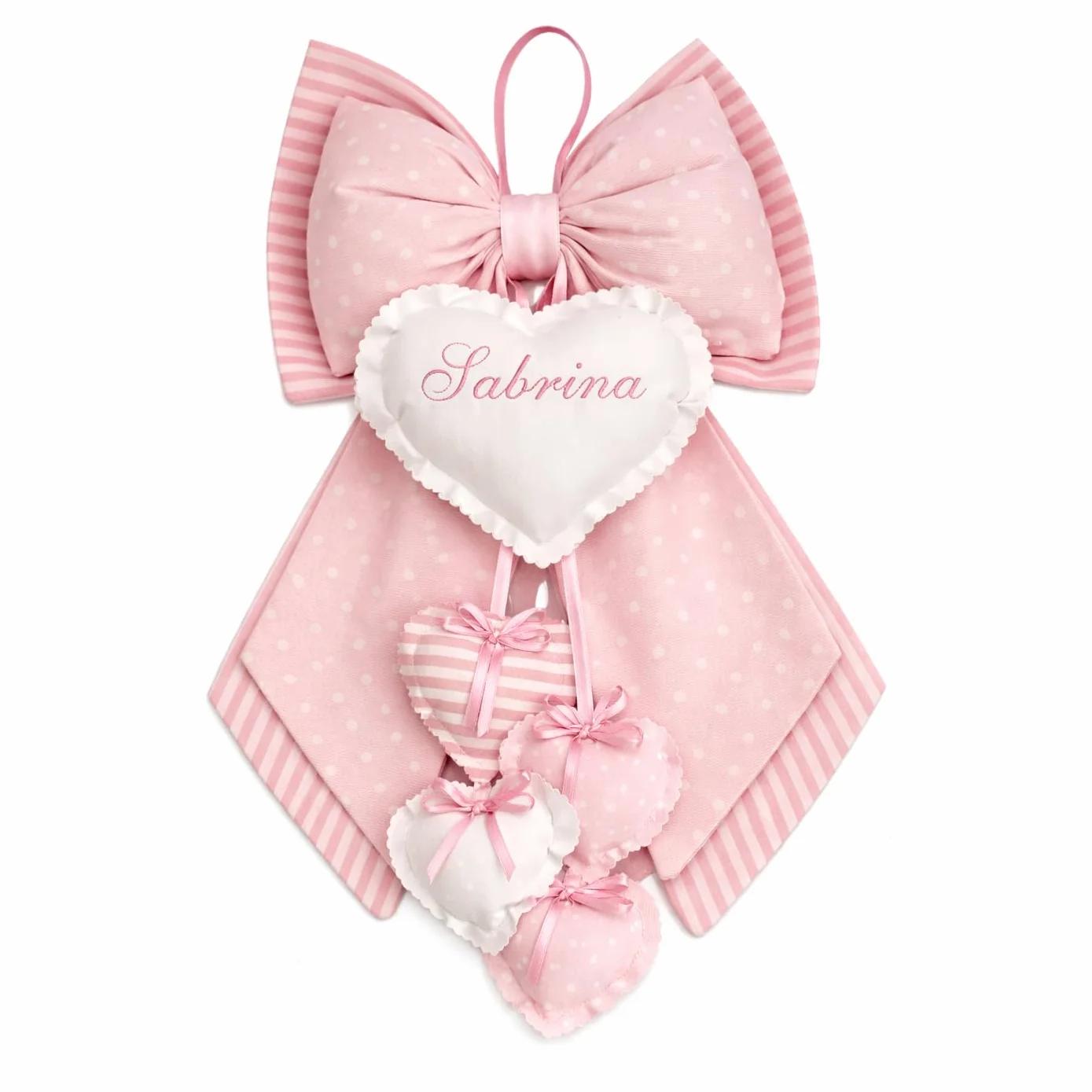 Fiocco Nascita personalizzato con nome sul cuore 52 x 35 cm Pois-rosa