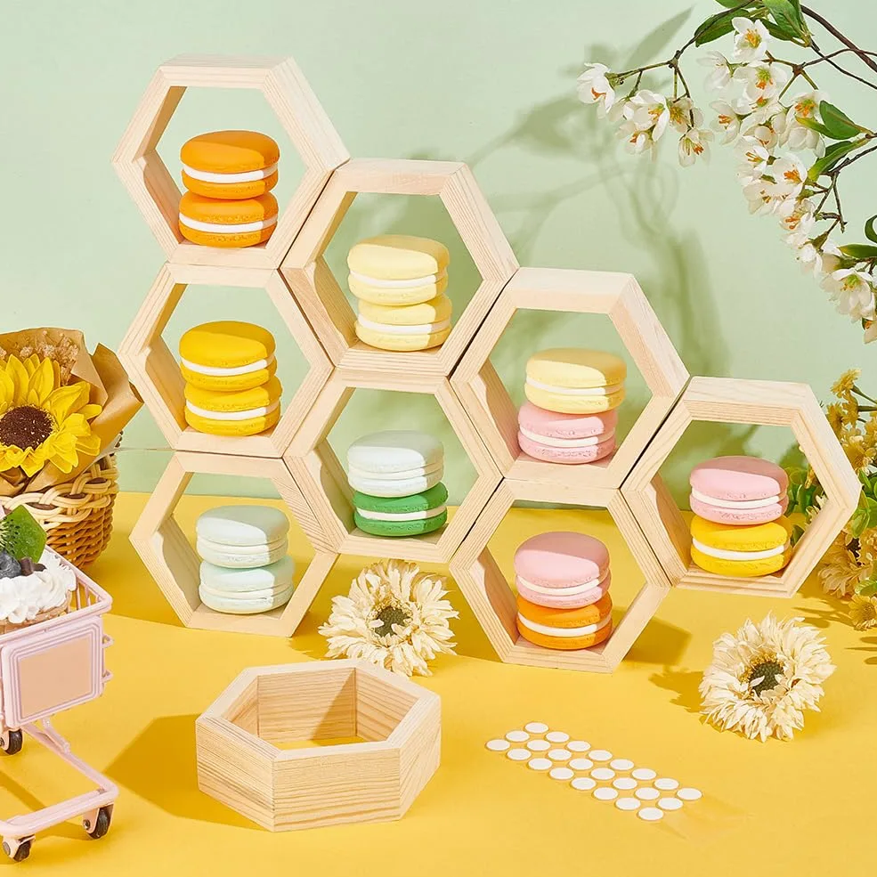 PH PandaHall 10pz Alzata per Cupcake A Nido D'Ape Ripiani A Nido D'Ape Espositore per Torta Esagonale Cartello Da Tavolo Galleggiante In Legno con 30 Pezzi di Nastro per Baby Shower Festa