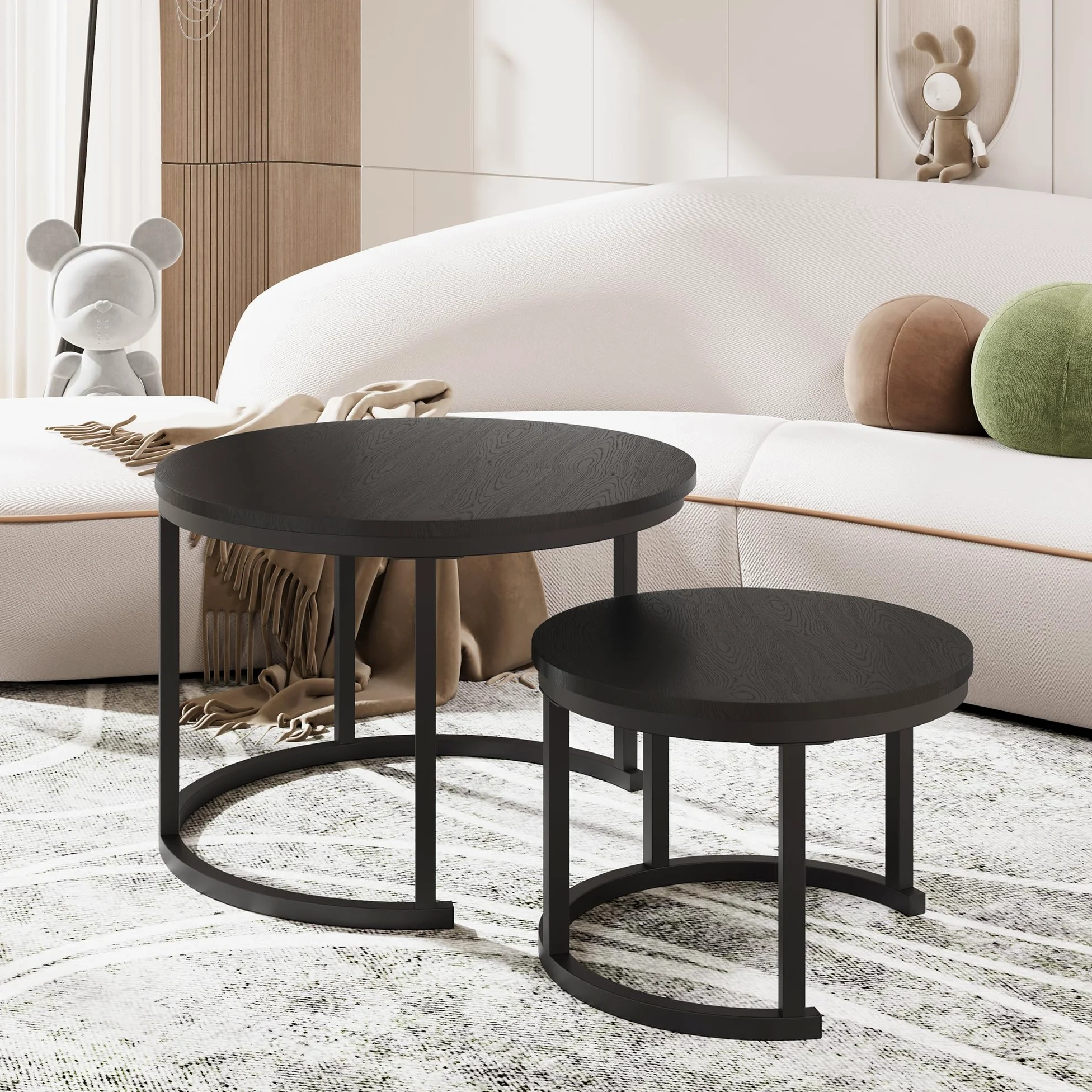 HOMERECOMMEND Tavolino rotondo, set da 2 pezzi, tavolino da salotto in legno, moderno, con struttura in metallo, per soggiorno, balcone, nero