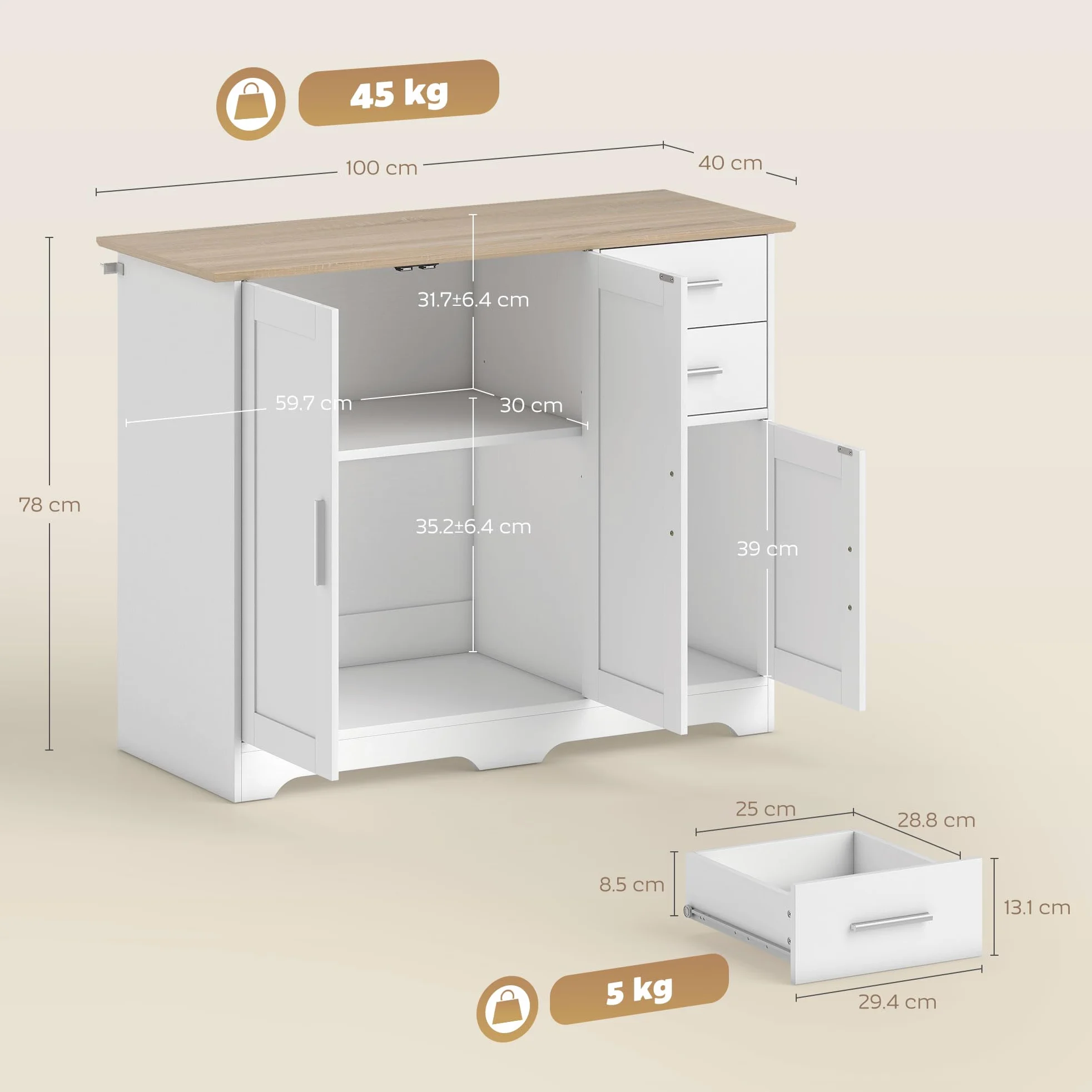 HOMCOM Credenza Cucina, Mobile Cucina con 2 Cassetti e 2 Armadietti, Credenza Buffet con Ripiani Regolabili, 3 Ante, Stile Moderno, per Soggiorno, Sala da Pranzo, 100x40x78 cm, Bianco e Color Legno