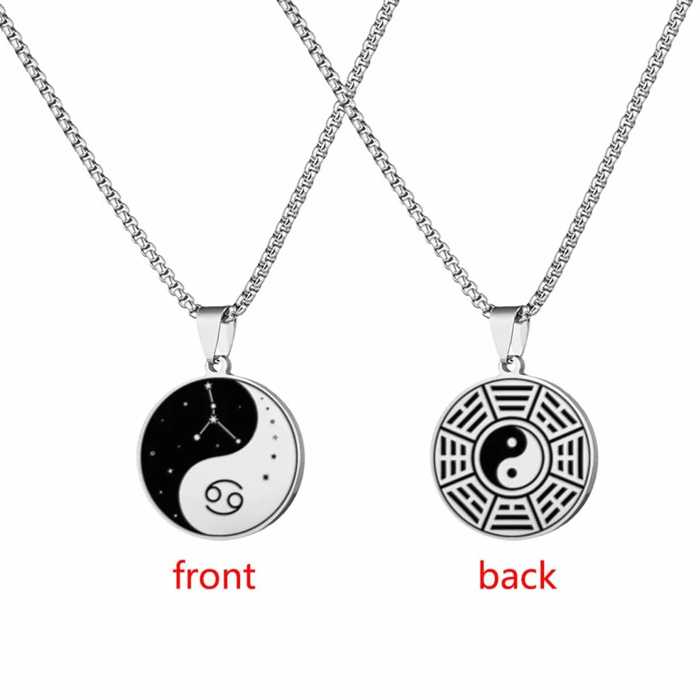 PAURO Acciaio Inossidabile Collana Ciondolo Taiji Bagua Yin Yang Zodiaco