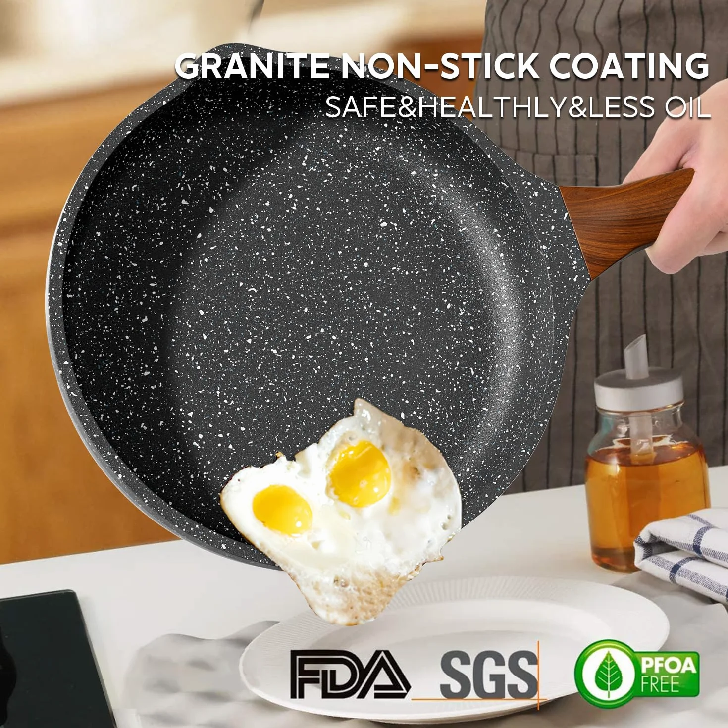 RIOVARM Induzione Set di padelle con coperchi Antiaderente Padelle universali 20 cm 24 cm 28 cm Granito Padella per omelette Set di pentole con manico resistente al calore Adatto a vari fornelli