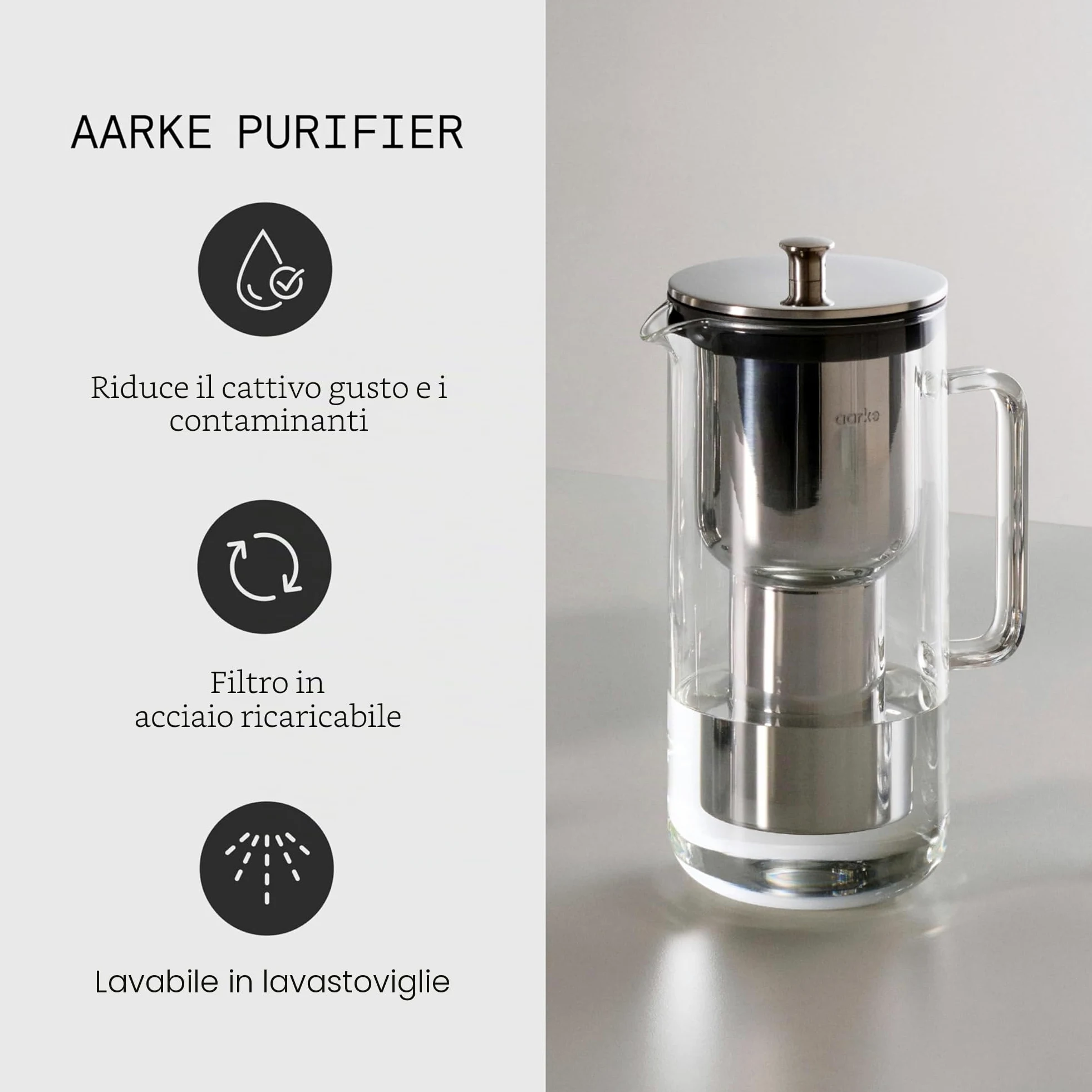 Aarke Purificatore, caraffa filtrante in vetro e acciaio inox, 2,4 l/10 tazze, con sacchetto di ricarica aarke Pure