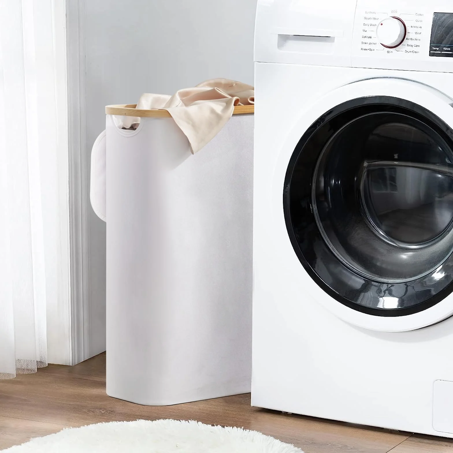 YOUDENOVA - Cesto portabiancheria con coperchio, 48 l, stretto, con sacco grande per la biancheria, pieghevole, in legno di bambù, bianco