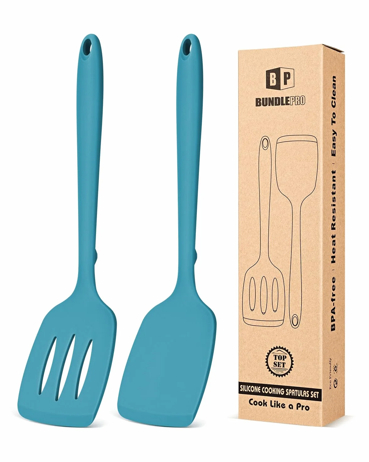 Pacchetto di 2 spatole in silicone, set di spatole da cucina senza BPA, resistente al calore, design completo in silicone, adatto per pesce flettente, uova, bistecca, frittelle (blu)