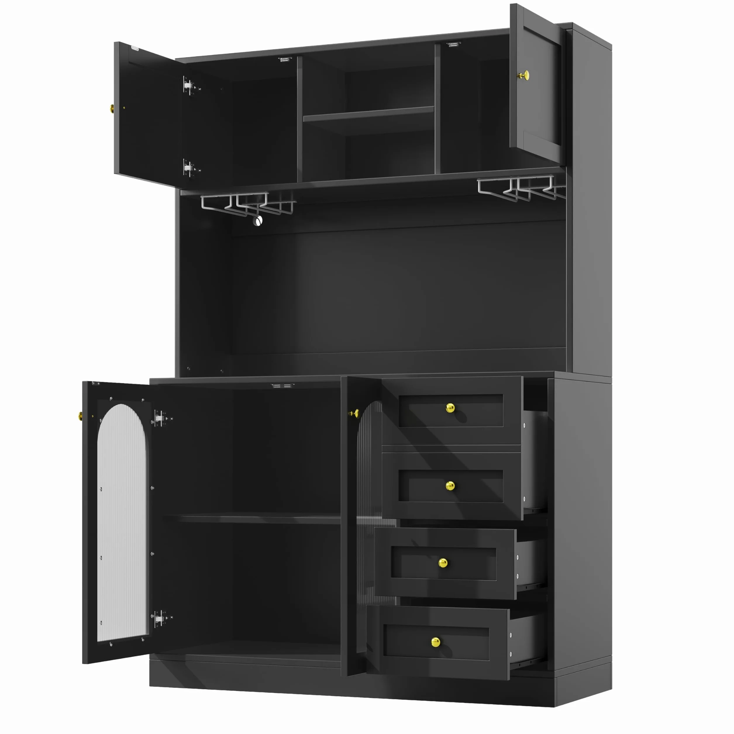 Mobile da cucina a buffet, 120 x 40 x 188 cm, stile rustico, 4 ante, con striscia luminosa a LED e porta bevande, colore nero.