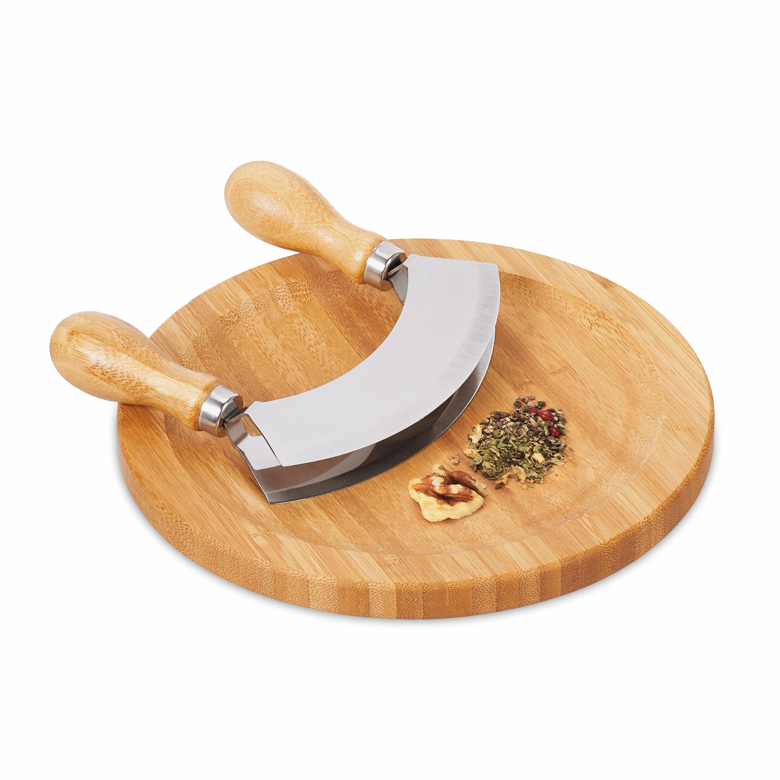 Relaxdays Mezzaluna con Tagliere Ø 20cm, Coltello a Doppia Lama Trita Erbe, in Acciaio Inox e bambù, Naturale Argentato