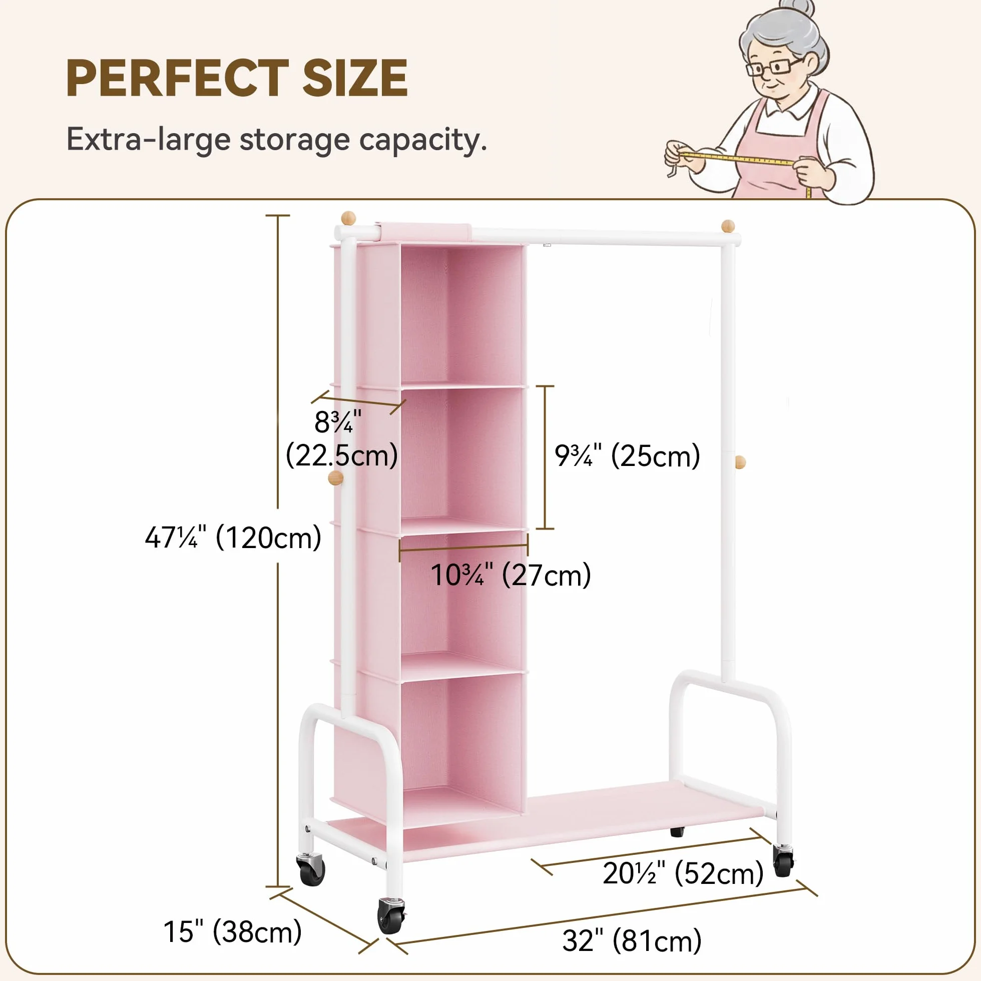 GRANNY SAYS Appendiabiti per Bambini con Organizer a Sospensione, Appendiabiti con Ruote per Travestimenti, Appendiabiti per Bambini, Appendiabiti per la Cameretta dei più Piccoli, Rosa/Bianco
