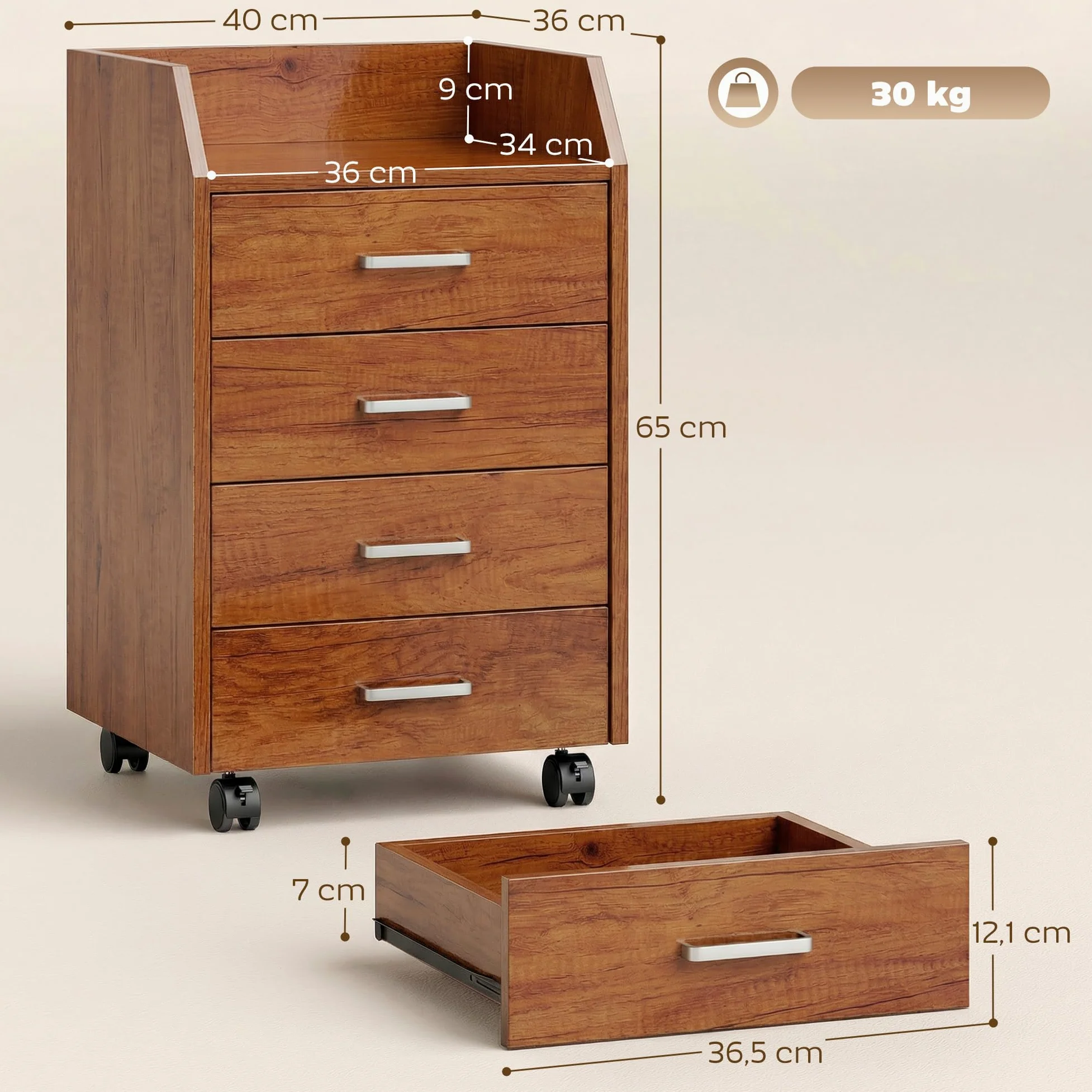 Vinsetto Cassettiera da scrivania con ruote, cassettiera da ufficio con 4 cassetti, schedario mobile per studio, salotto, da posizionare sotto la scrivania, 40x36x65 cm, marrone