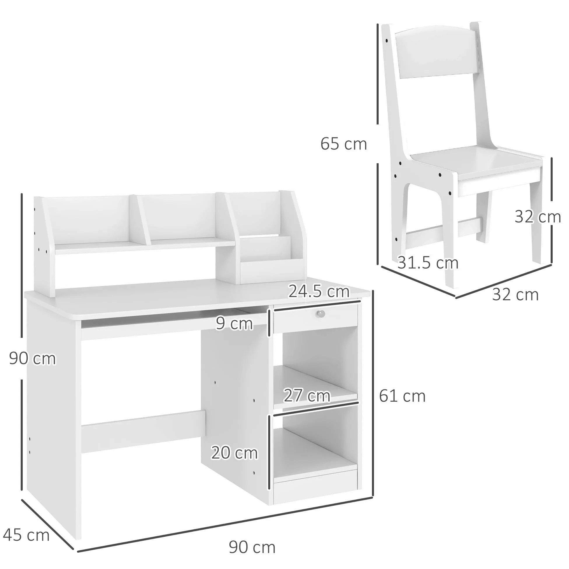 ZONEKIZ Tavolo Scrivania per Bambini con Sedia, Banco Scuola per Bambini da 5 a 8 Anni in Legno con Scaffale e Seggiola, Bianco