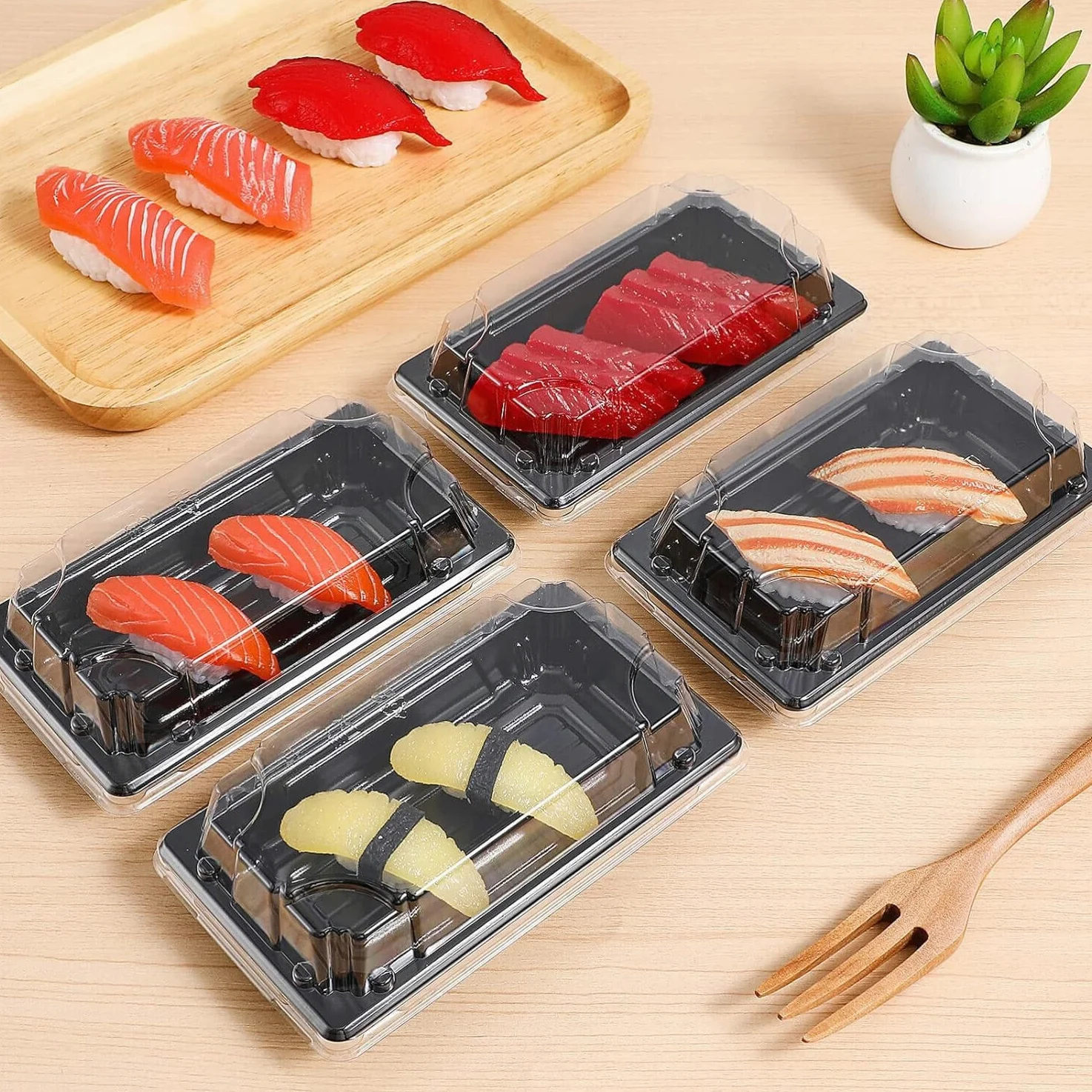 Confezione da 50 contenitori usa e getta per sushi con coperchi trasparenti, contenitori portatili da asporto, per sushi, torte, dessert, frutta (225 x 170 x 40 mm)