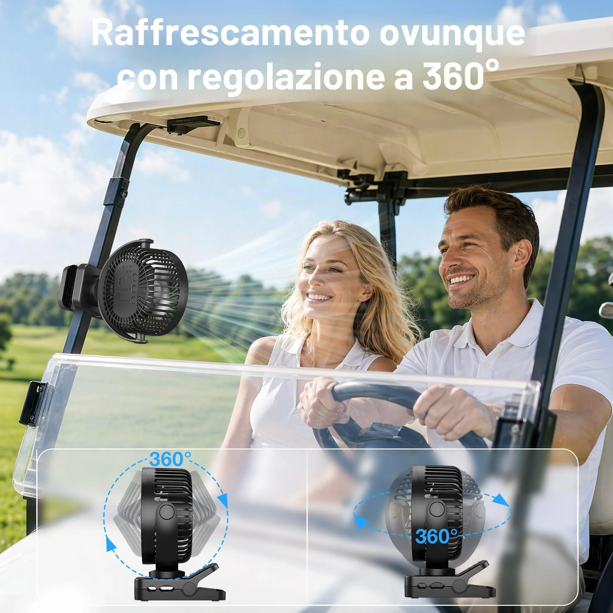 Ventilatore da Tavolo 4 in 1 USB Ventilatore Portatile 12000mAh e Telecomando Ricaricabile Luce LED 3 Velocità Timer Rotazione 360°, Ventilatore Pinza per Esterno Auto Passeggino Campeggio, Nero