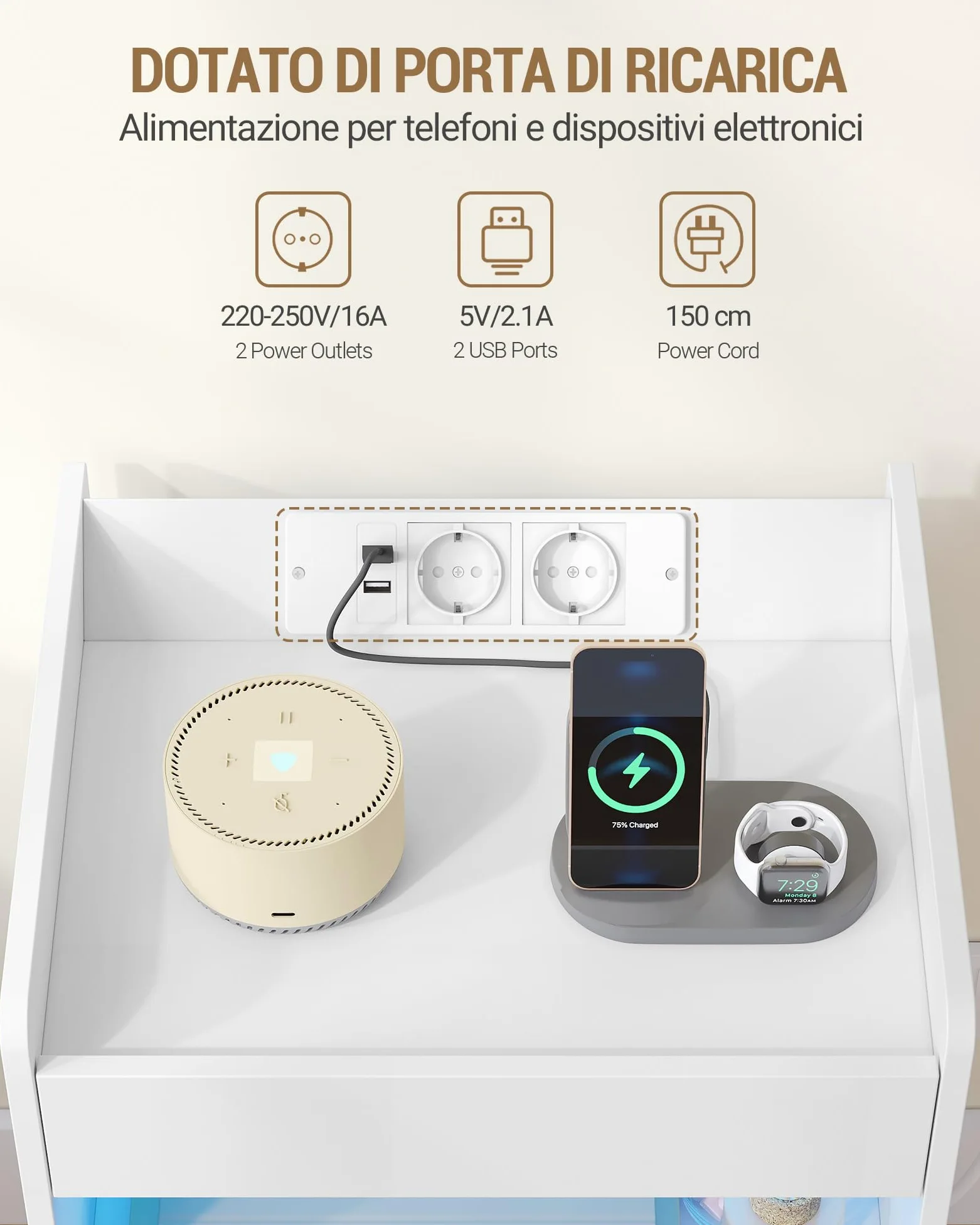 Hzuaneri Comodino Set di 2, Comodini Camera da Letto con Luce LED e Stazione di Ricarica, 2 Cassetti, Tavolino con vassoio, 35 x 40 x 60 cm, Soggiorno, Bianco NS33603XEU