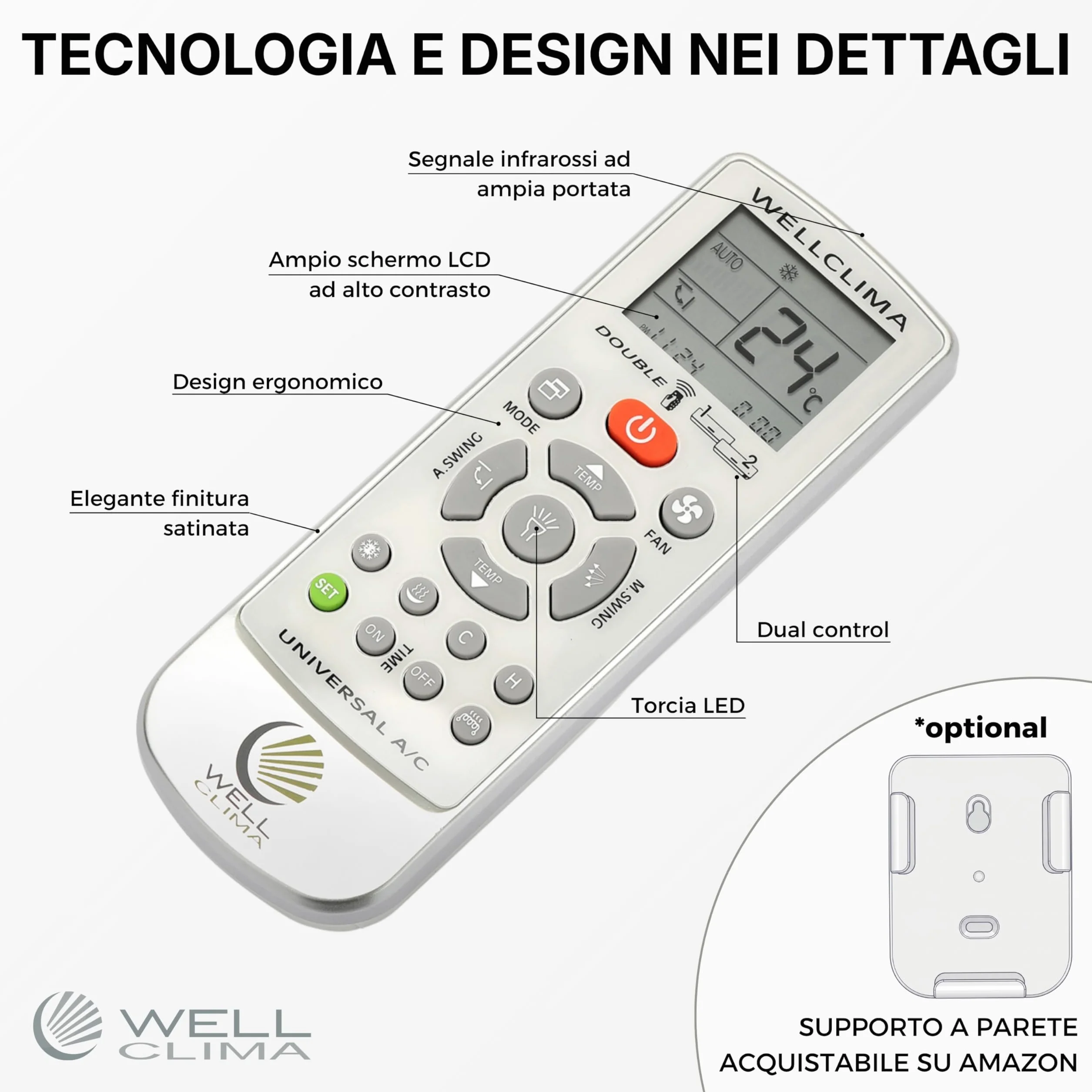 Wellclima Double E.S Telecomando Universale per Condizionatori Climatizzatori, Progettazione Italiana, Compatibile con 10000+ Modelli e 500+ Marche, Risparmio Energetico Anti Spreco, 2 in 1 Due Split